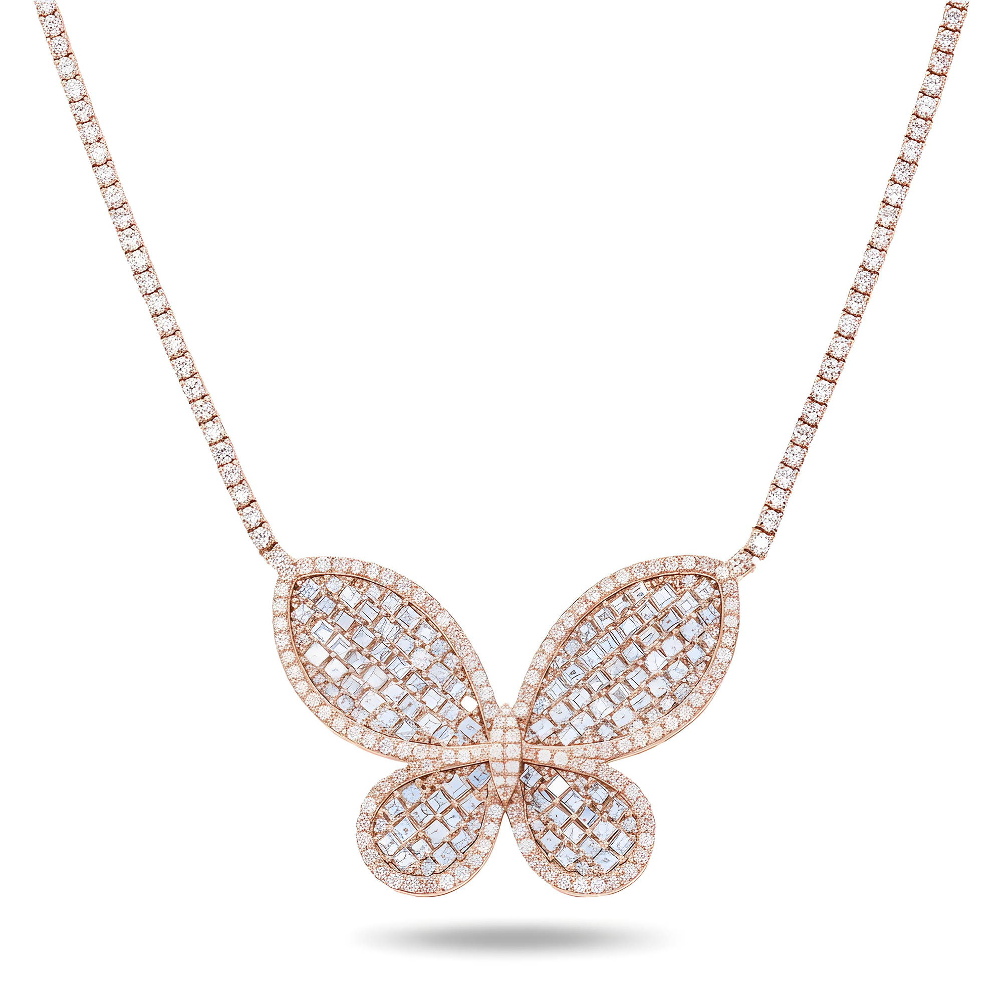 14K White Gold Asscher Cut Diamond Butterfly Pendant & Chain Necklace 15.16ct