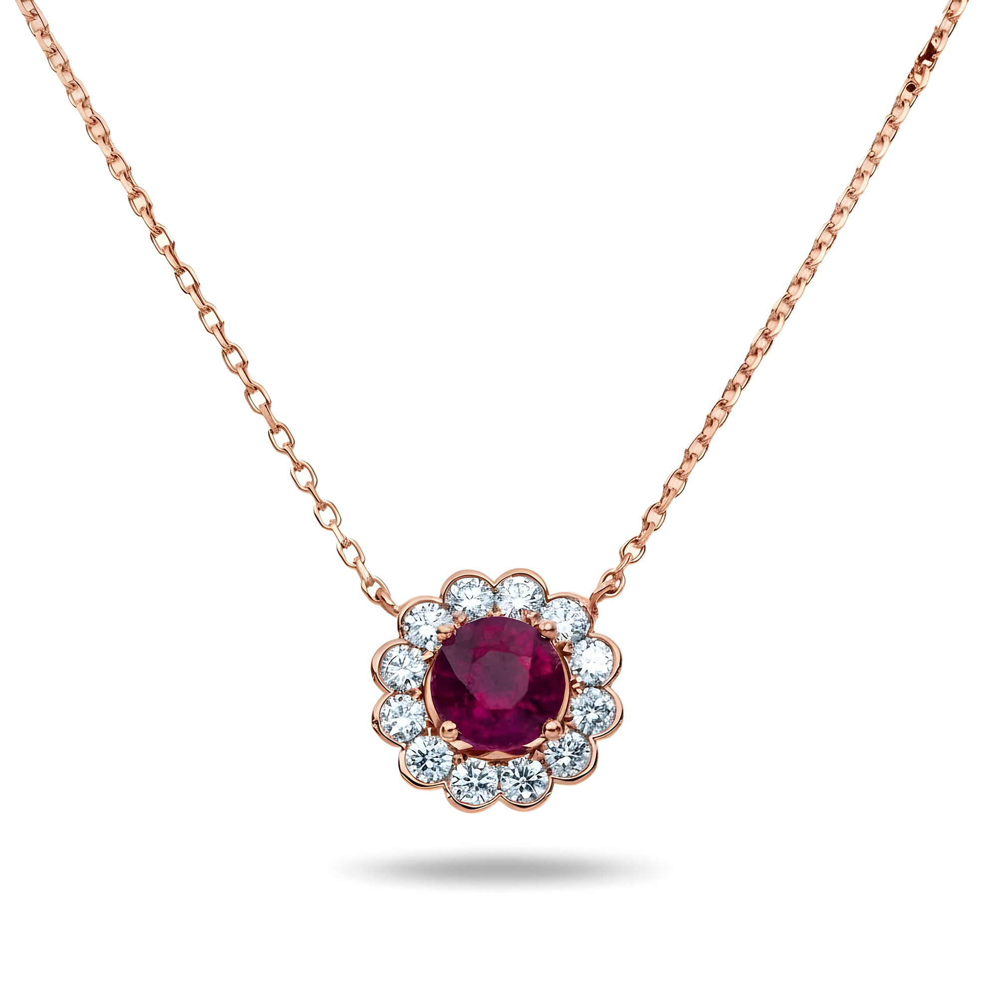 14K & 18K White Gold Round Diamond & Ruby Gemstone Necklace