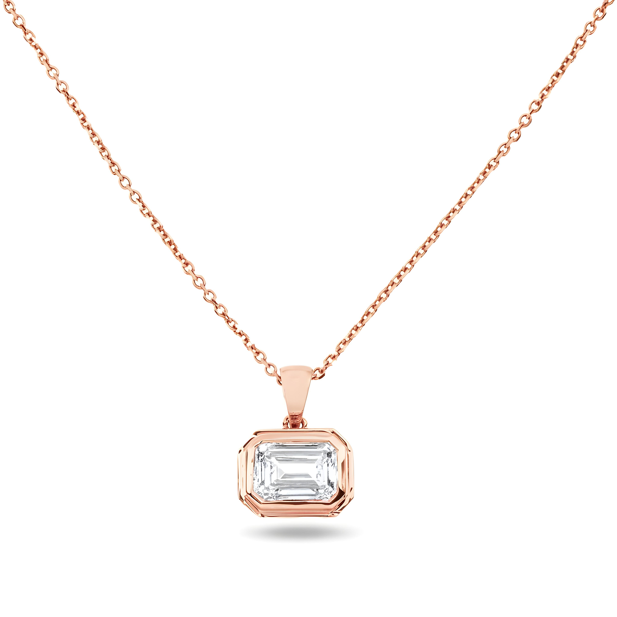 14K Yellow Gold Bezel Set Solitaire Emerald Cut Diamond Necklace 2.09ct