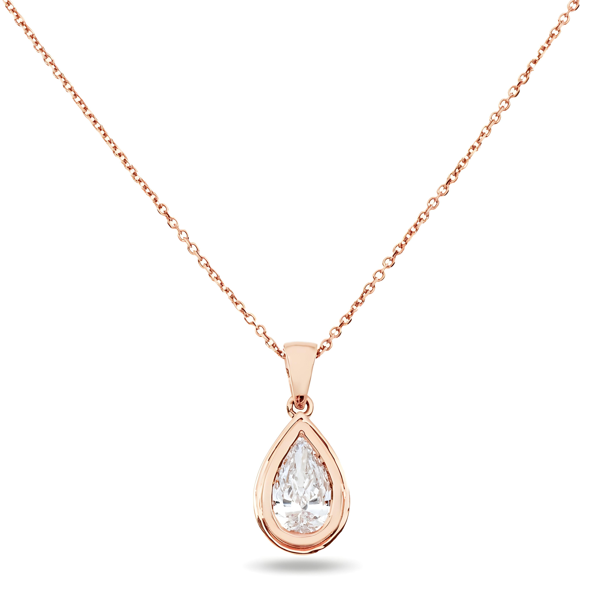 14K Yellow Gold Bezel Set Solitaire Pear Cut Diamond Necklace 1.23ct