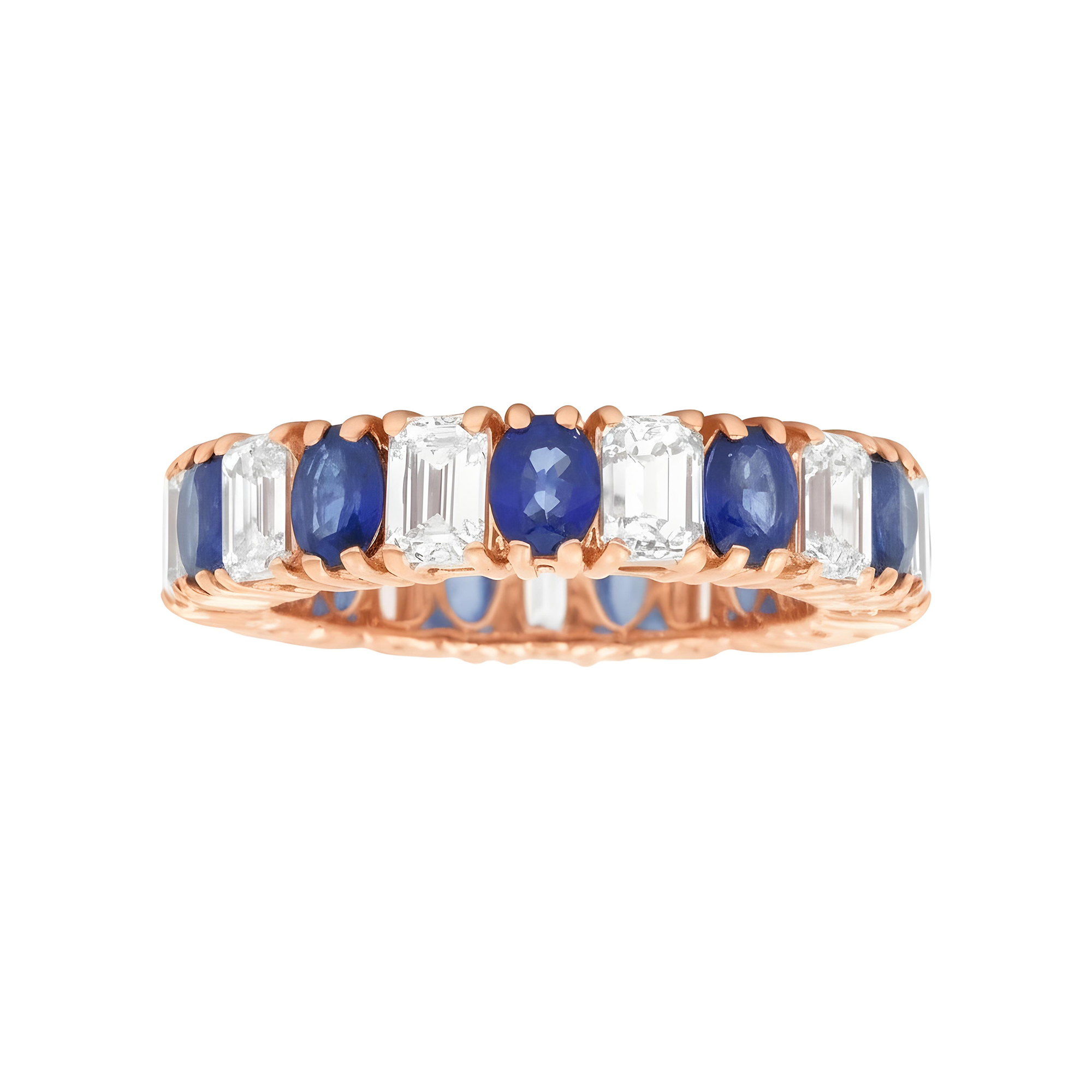 14K White Gold Emerald Cut Diamond & Oval Cut Sapphire Eternity Ring