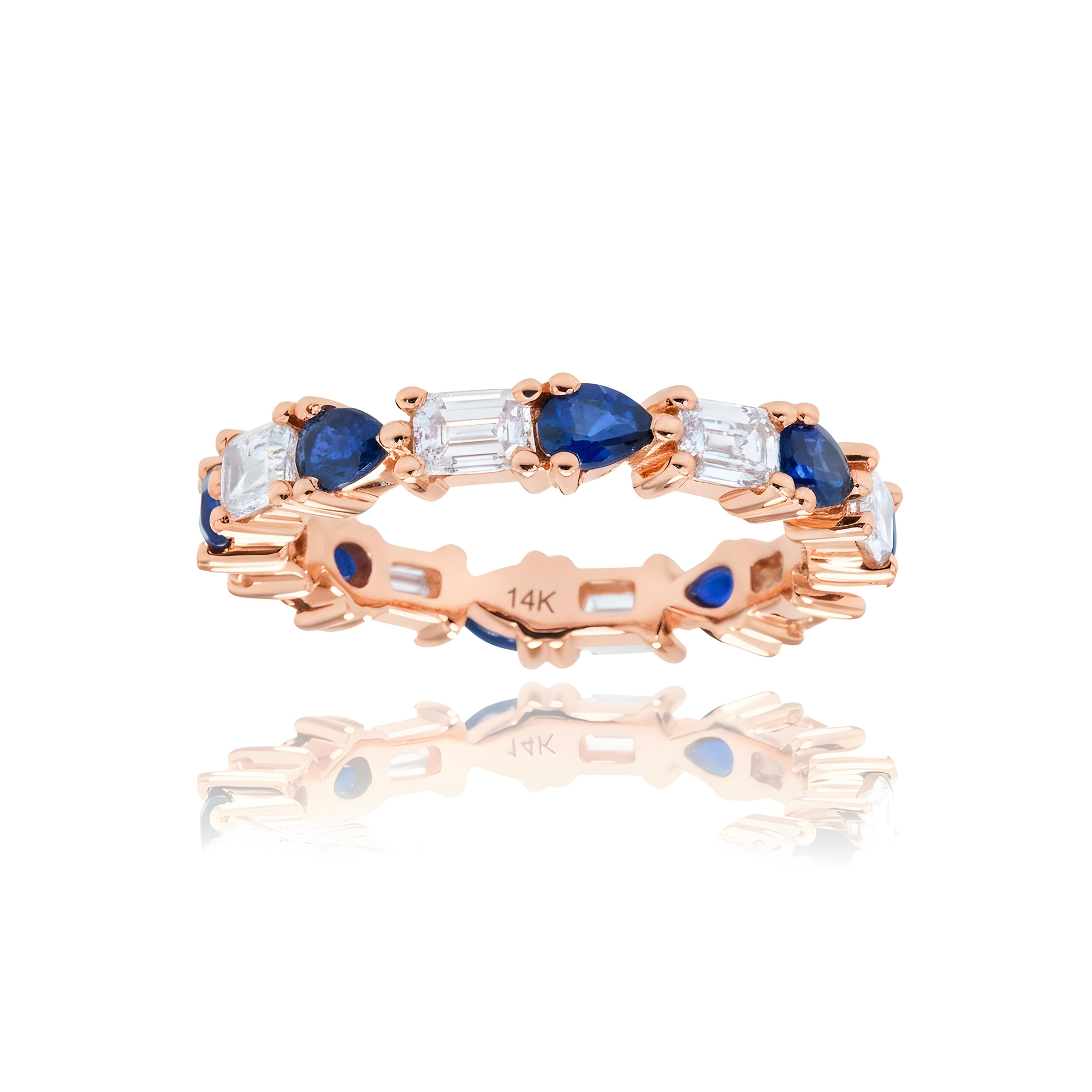 14K White Gold Emerald Cut Diamond & Pear Cut Sapphire Eternity Ring 3.03ctw
