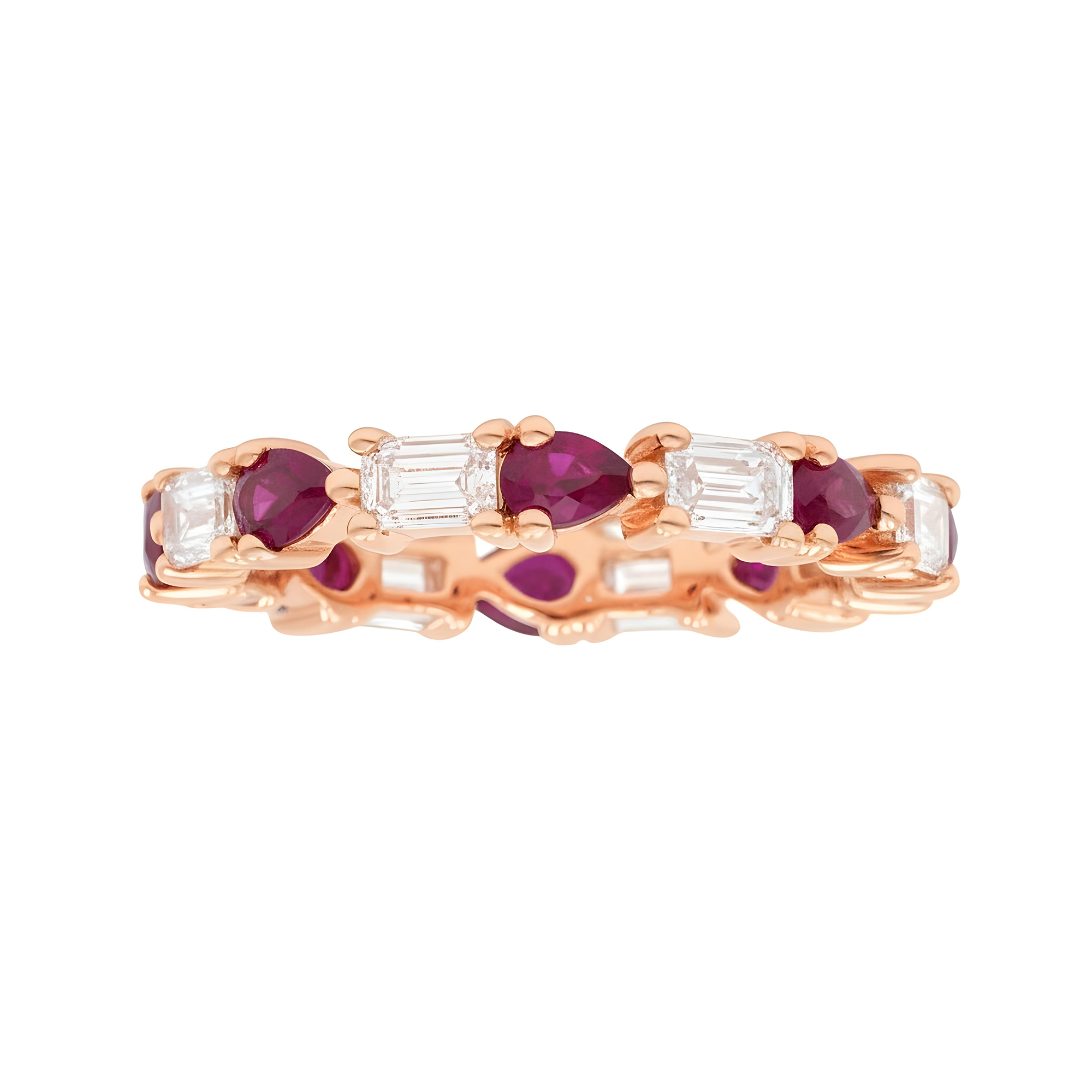 14K White Gold Emerald Cut Diamond & Pear Cut Ruby Eternity Ring