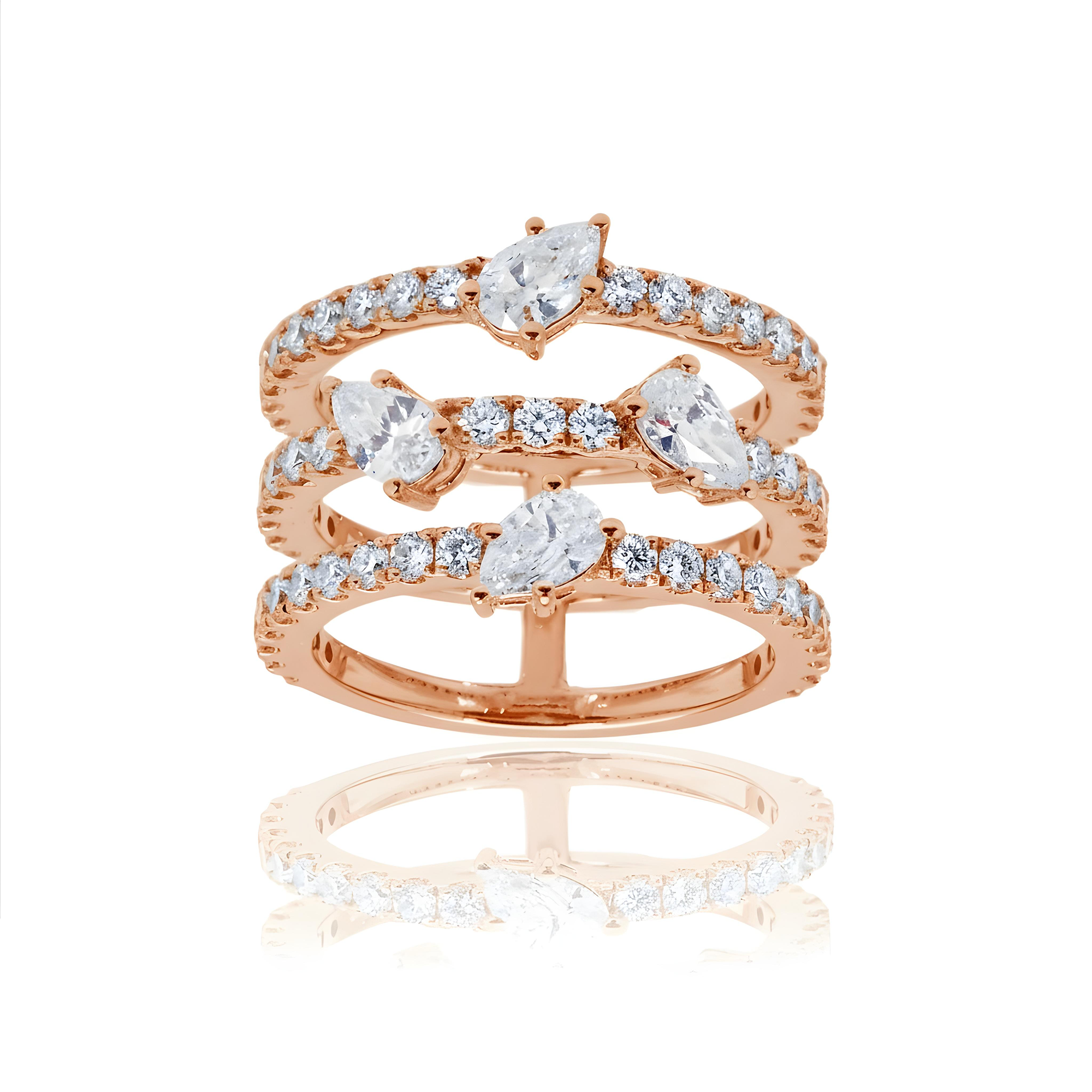 18K White Gold Triple Row Round & Pear Cut Diamond Ring 2.14ct