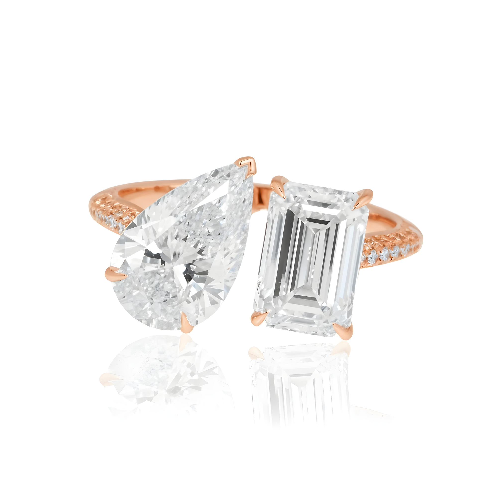 14K White Gold Pear & Emerald Cut Double Diamond Toi et Moi Ring 4.53ctw