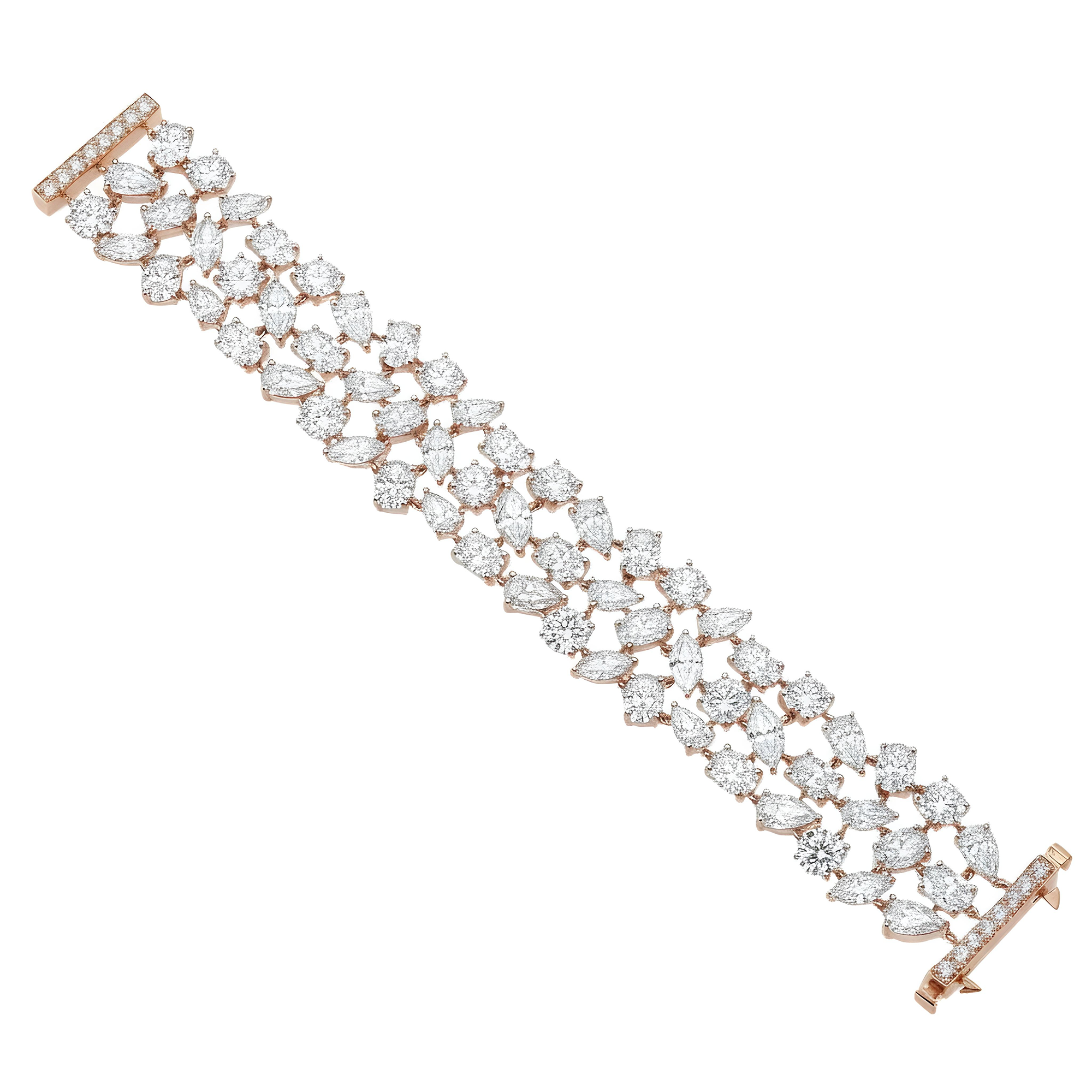 14K White Gold Triple Row Multi Cut Diamond Bracelet 55.86ct