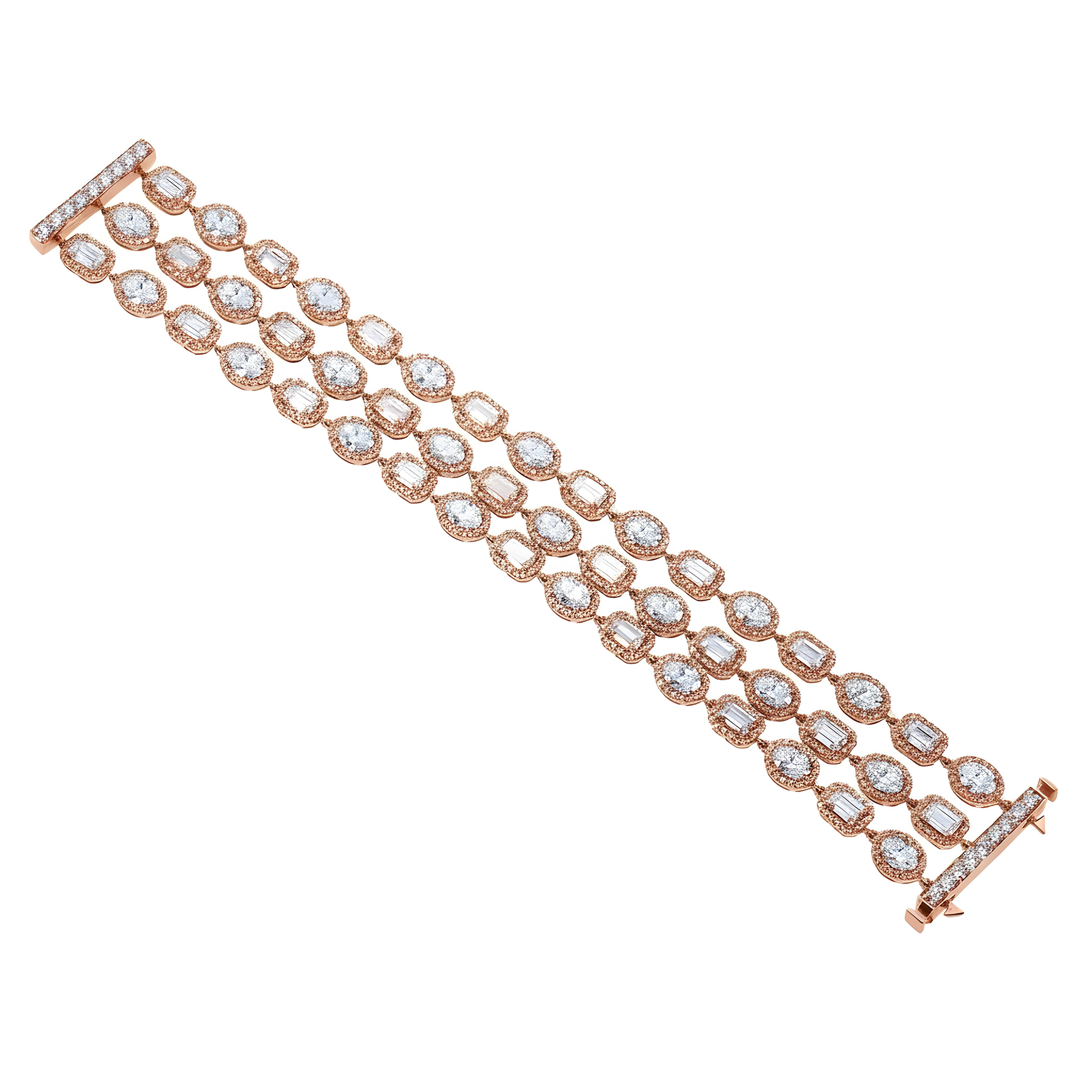 14K White Gold Triple Row Emerald, Oval & Round Cut Diamond Bracelet 31.47ct