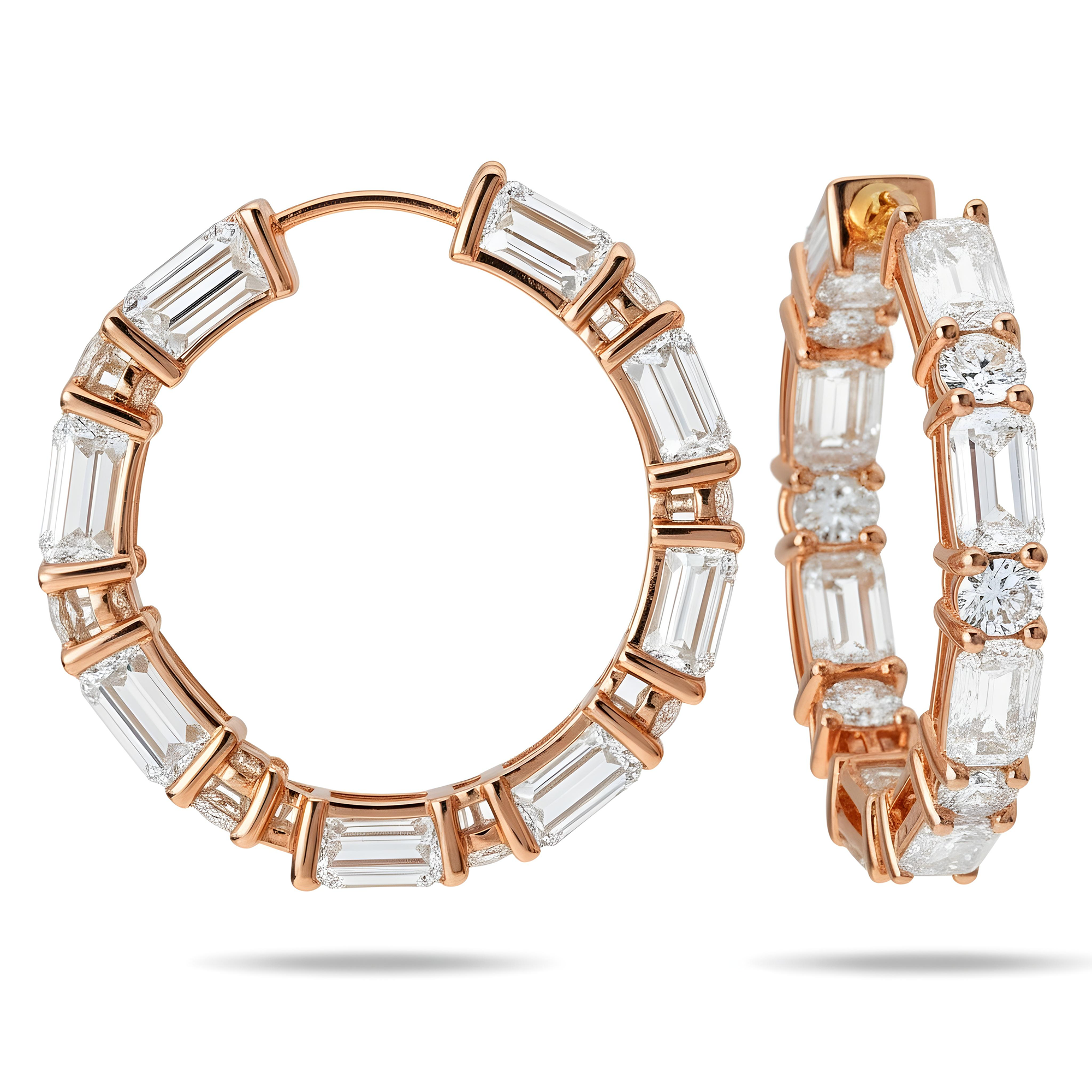 14K White Gold Round & Emerald Cut Diamond Inside Out Hoop Earrings 12.05ct