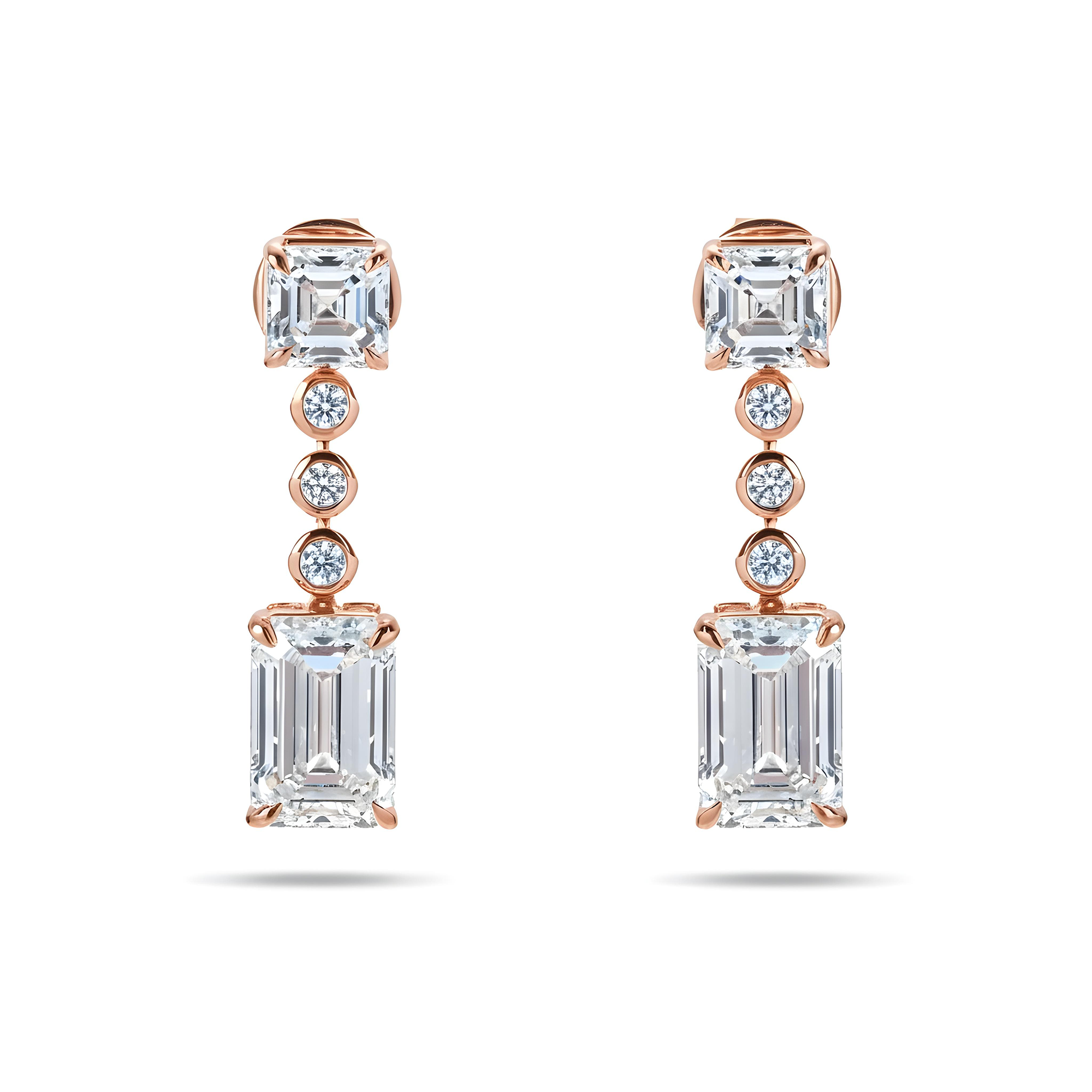 14K White Gold Asscher & Emerald Cut Diamond Short Drop Earrings 8.29ctw
