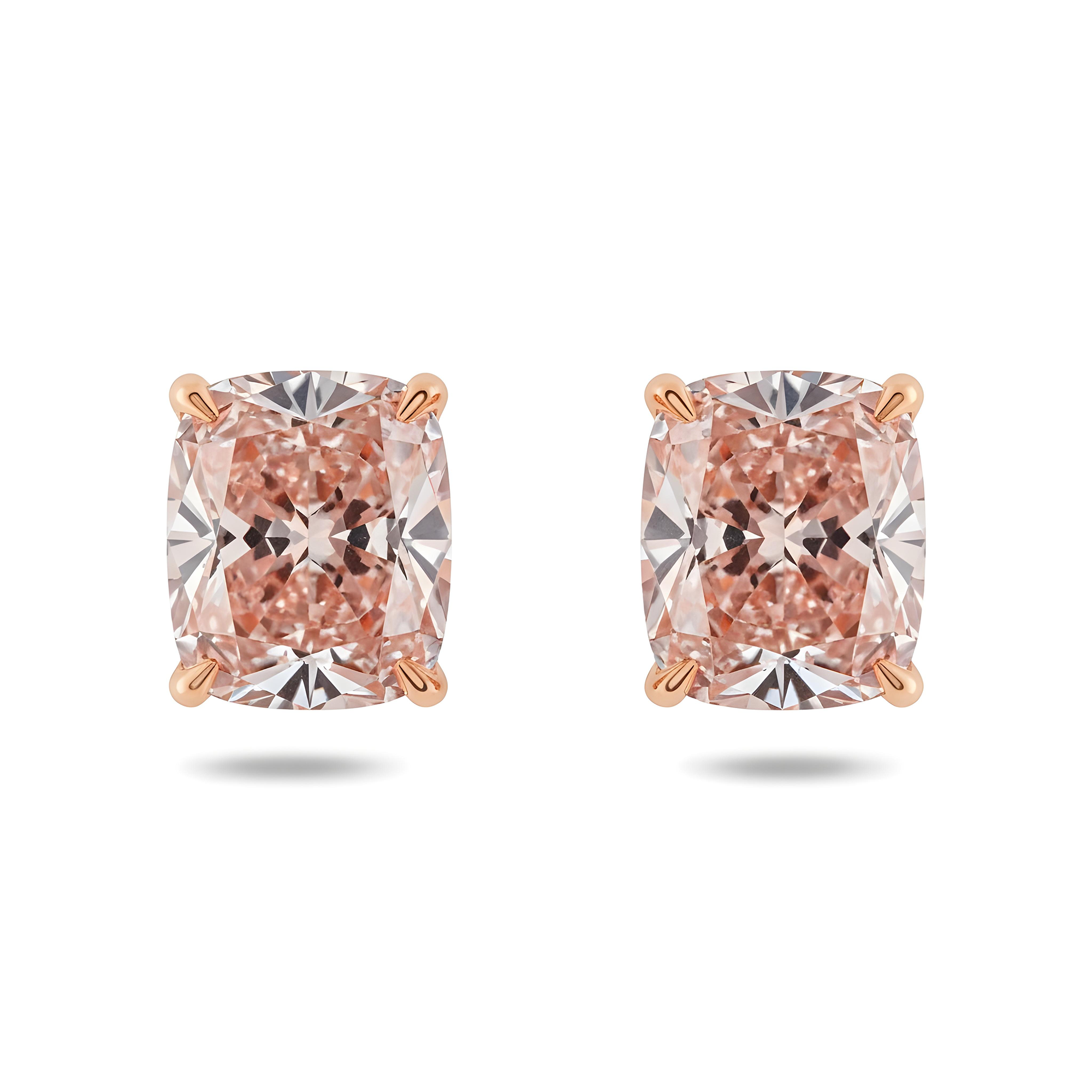 GIA 14K White Gold Solitaire Fancy Vivid Pink Cushion Diamond Stud Earrings 4.63ctw
