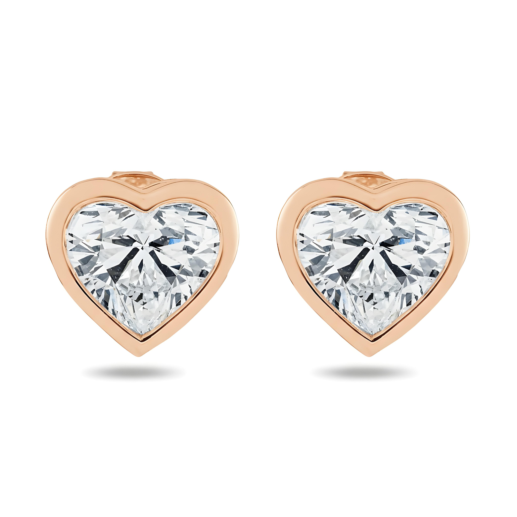14K White Gold Bezel Set Solitaire Heart Diamond Stud Earrings 6.89ctw