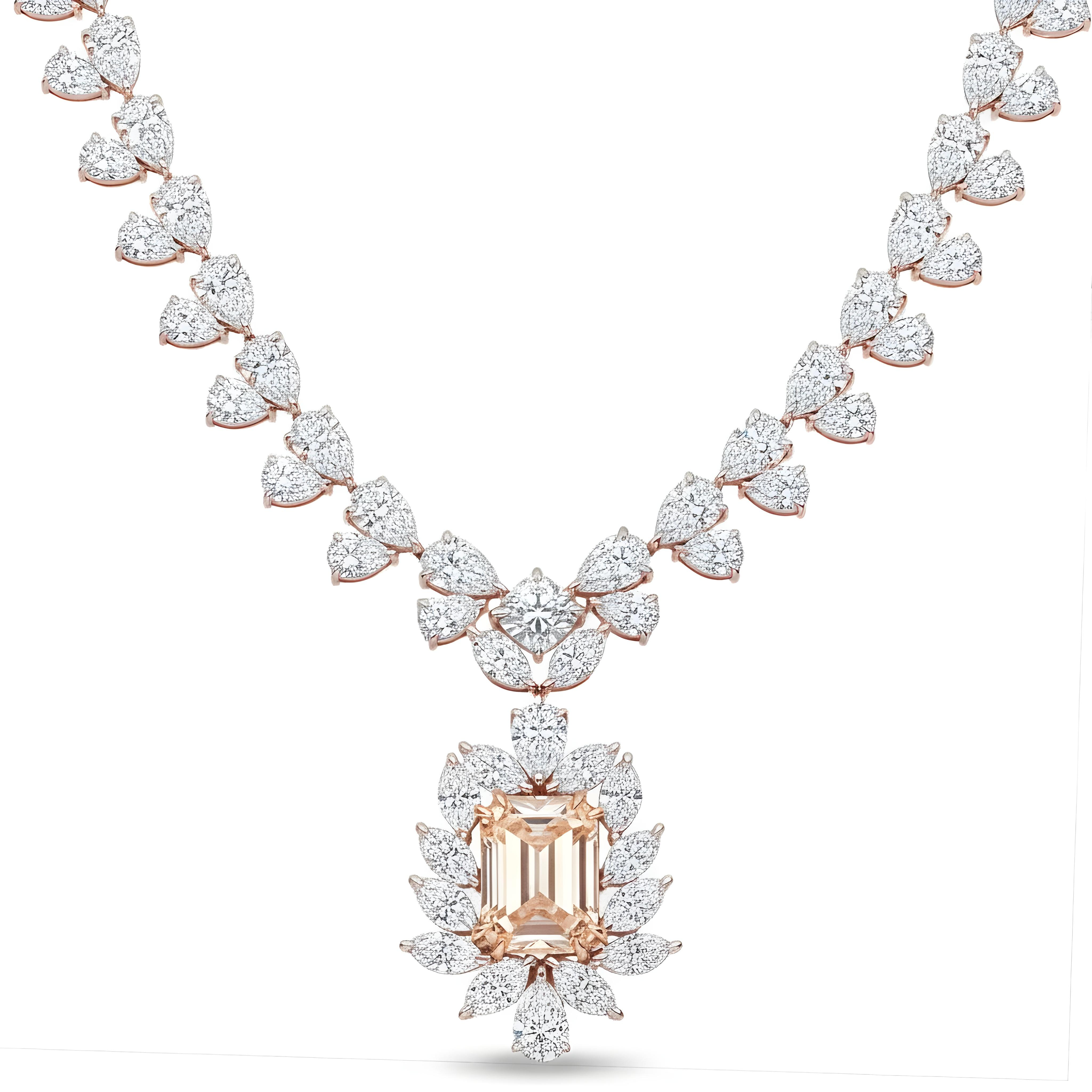 IGI 14K White Gold Fancy Pink Emerald Cut Diamond Goddess Drop Necklace 89.02ct