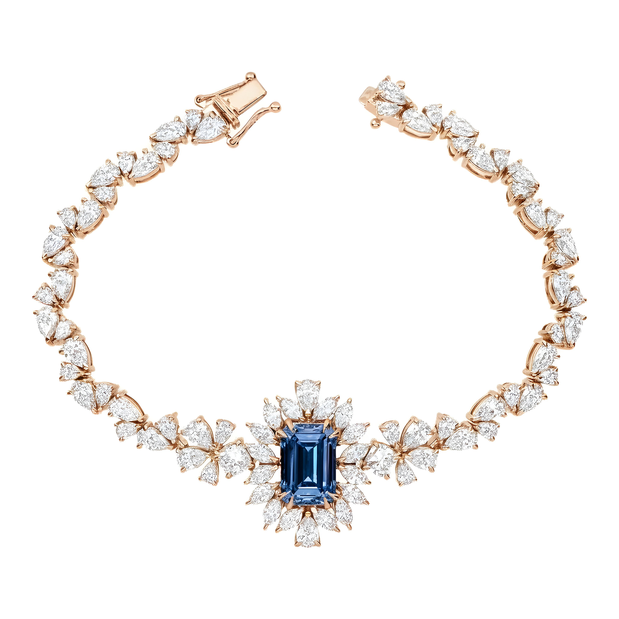 14K White Gold Emerald Cut Fancy Blue Diamond Goddess Bracelet