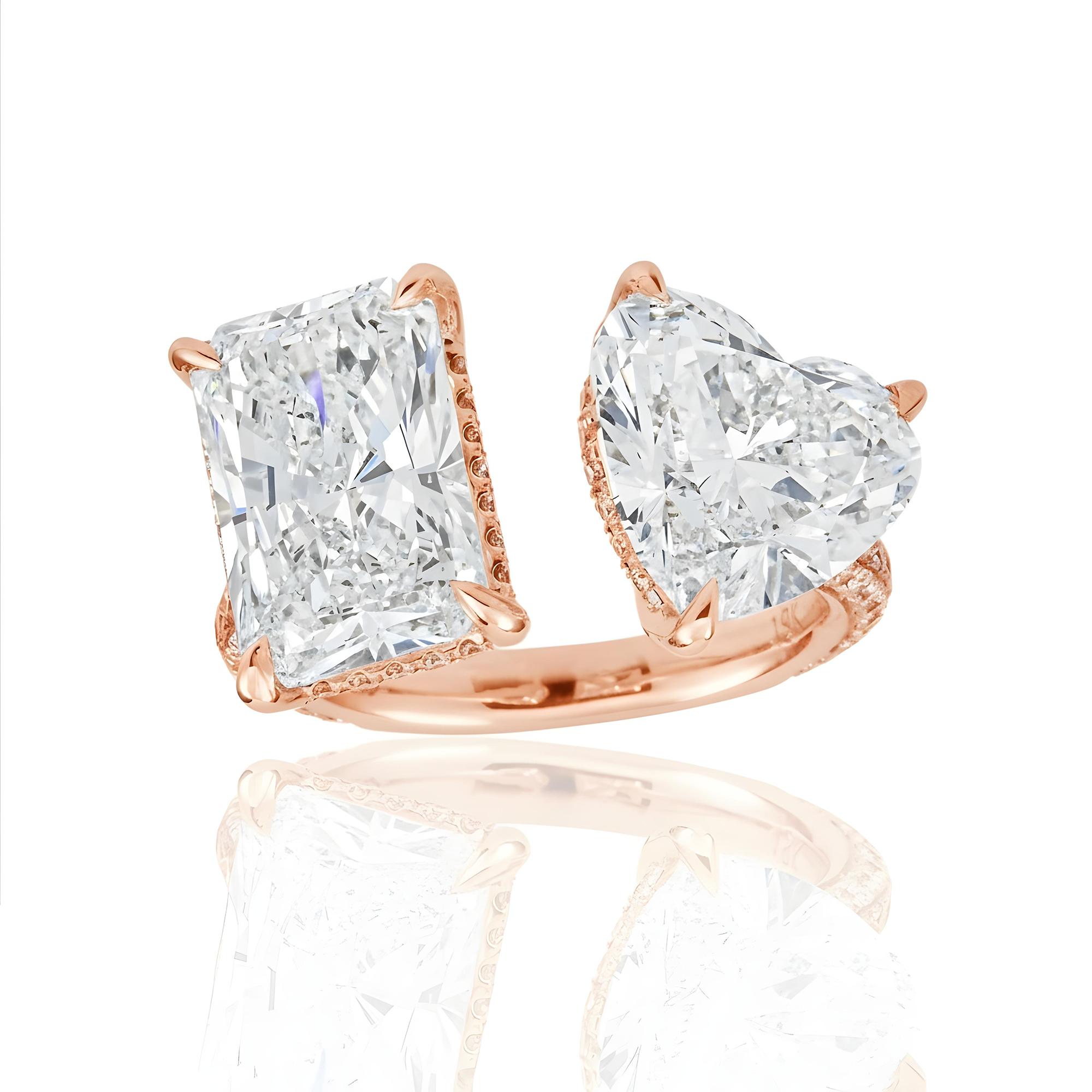18K White Gold Heart & Radiant Cut Diamond Toi et Moi Ring 8.34ctw