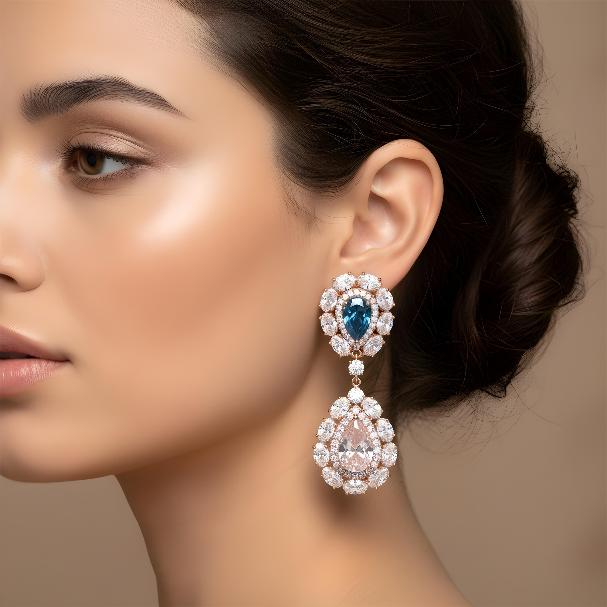 14K White Gold Multi Cut Fancy Pink & Blue Diamond Drop Earrings 14.02ctw