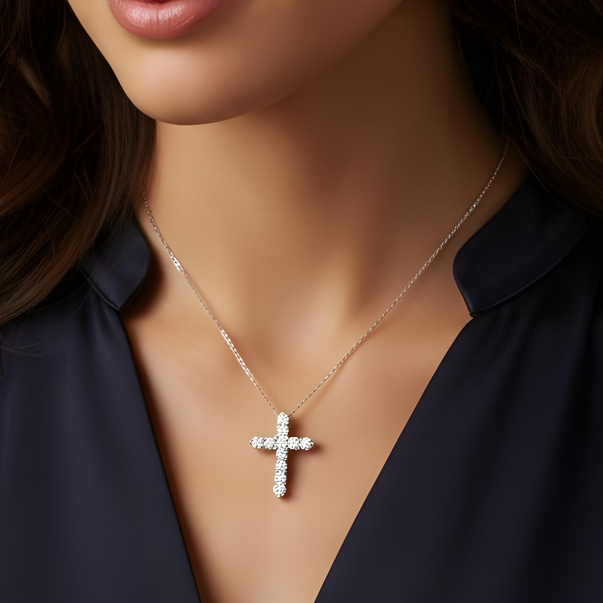 14K Rose Gold Round Diamond Cross Necklace 2.63ct