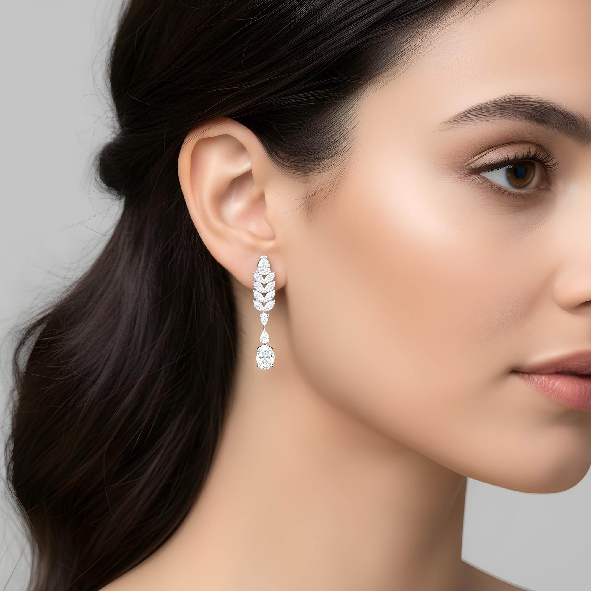 14K White Gold Pear & Oval Cut Diamond Drop Earrings 8.22ct