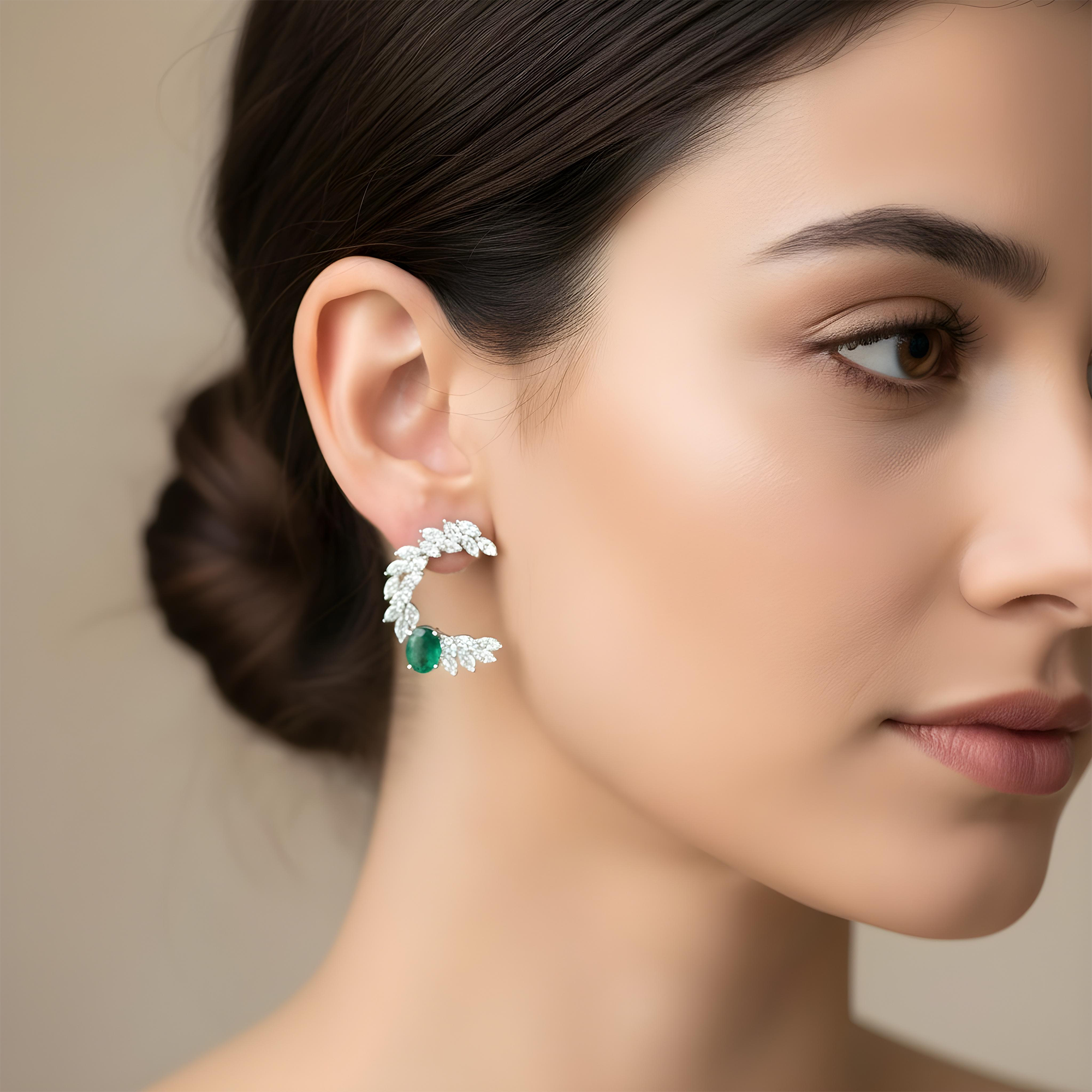 14K Yellow Gold Oval Cut Emerald & Marquise Cut Diamond Open Hoop Earrings 5.92ctw