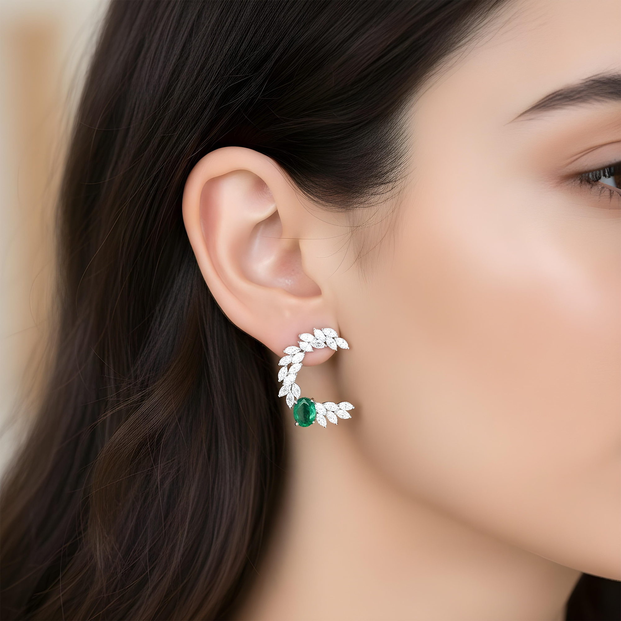 14K Yellow Gold Oval Cut Emerald & Marquise Cut Diamond Open Hoop Earrings 5.92ctw