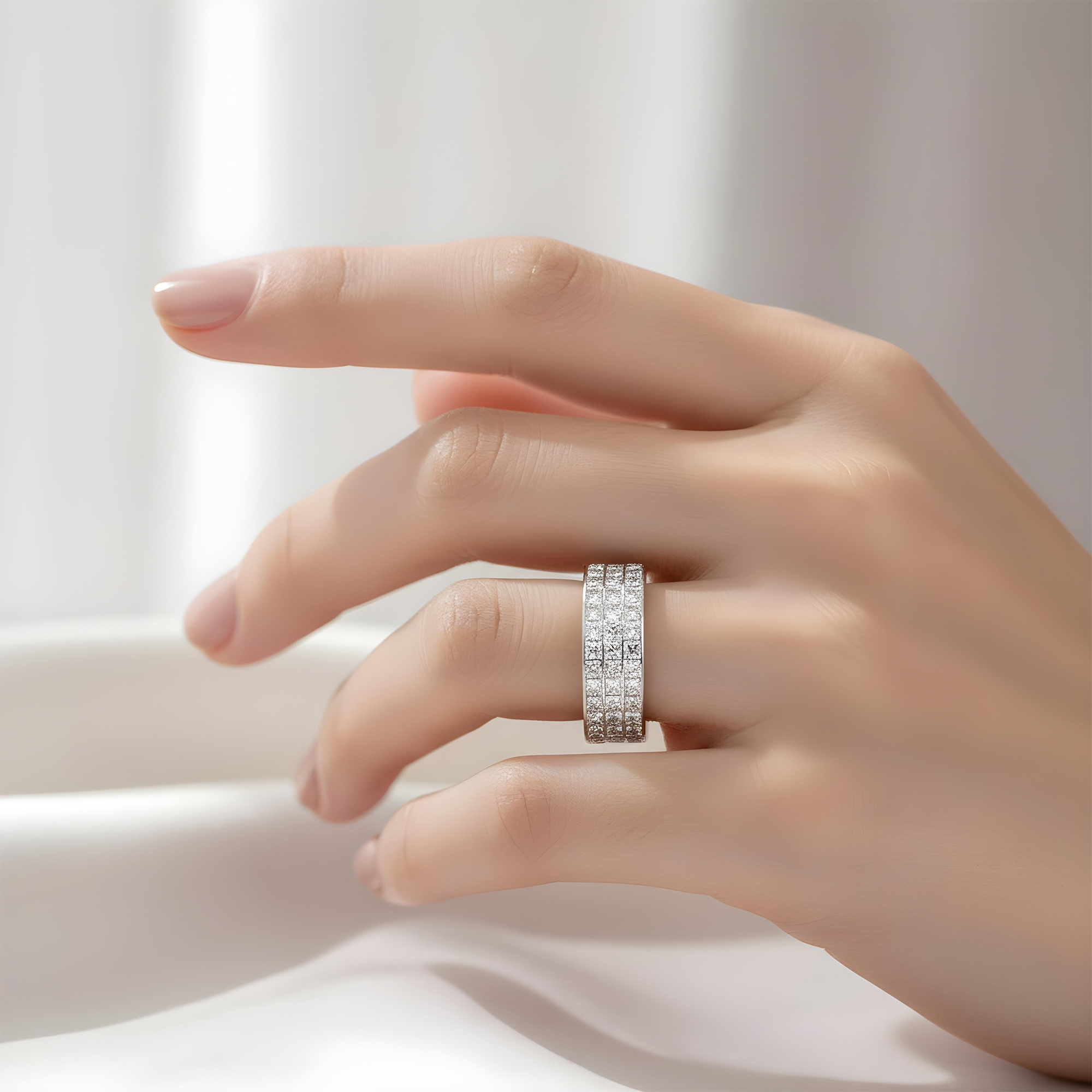 18K Yellow Gold Triple Row Princess Cut Diamond Eternity Ring 6.96ct