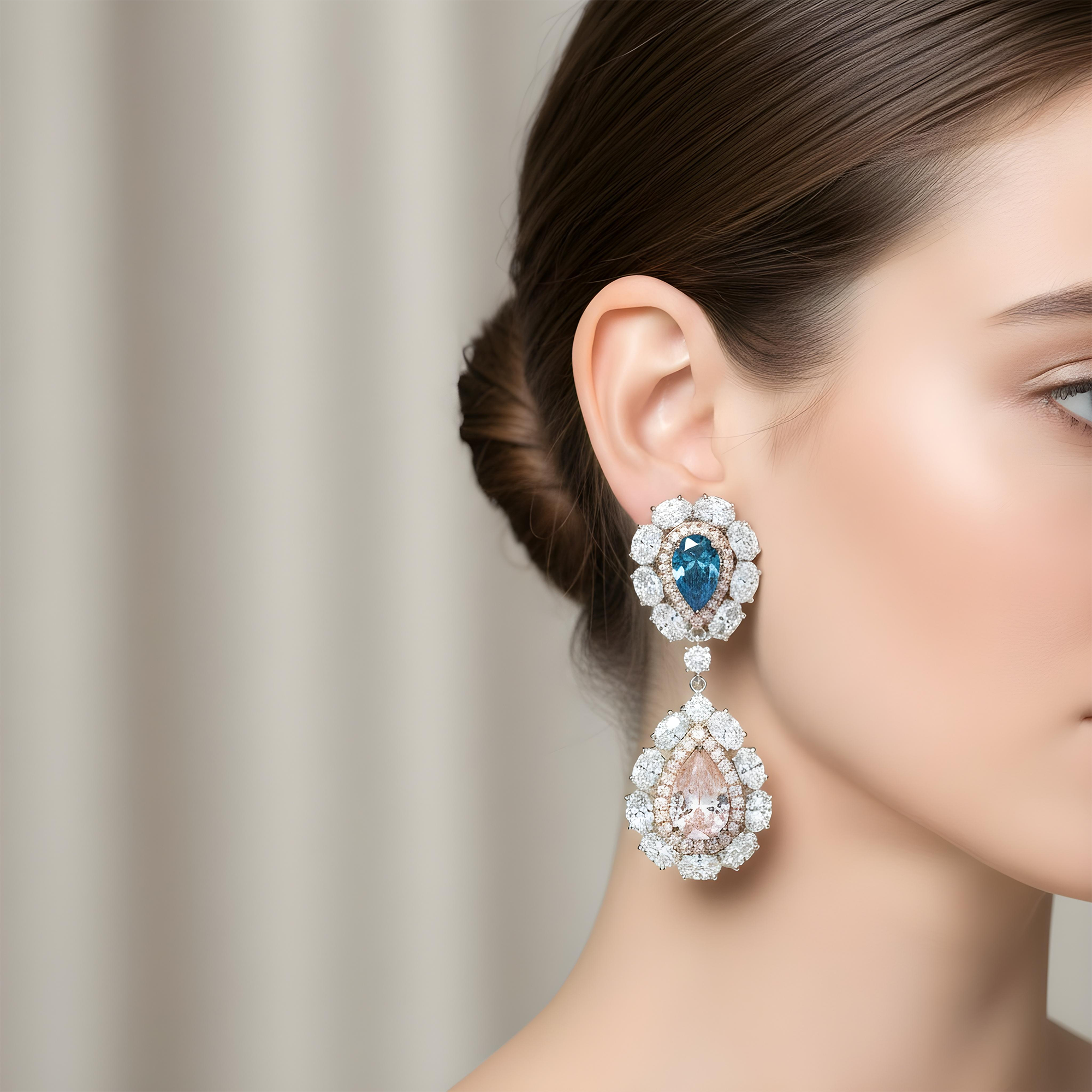 14K White Gold Multi Cut Fancy Pink & Blue Diamond Drop Earrings 14.02ctw