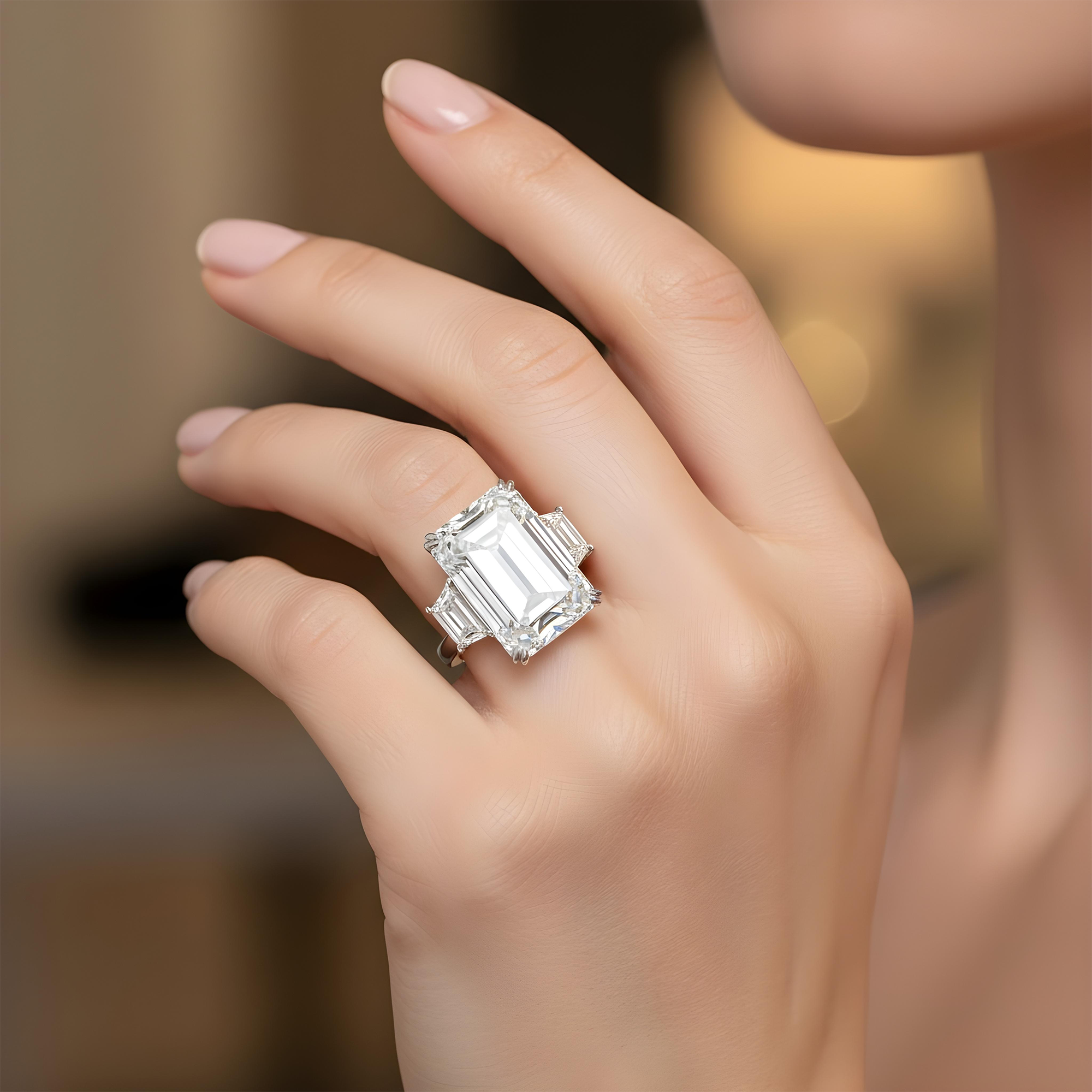 Platinum 20.0ct Triple Emerald Cut Diamond Engagement Ring 21.96ctw
