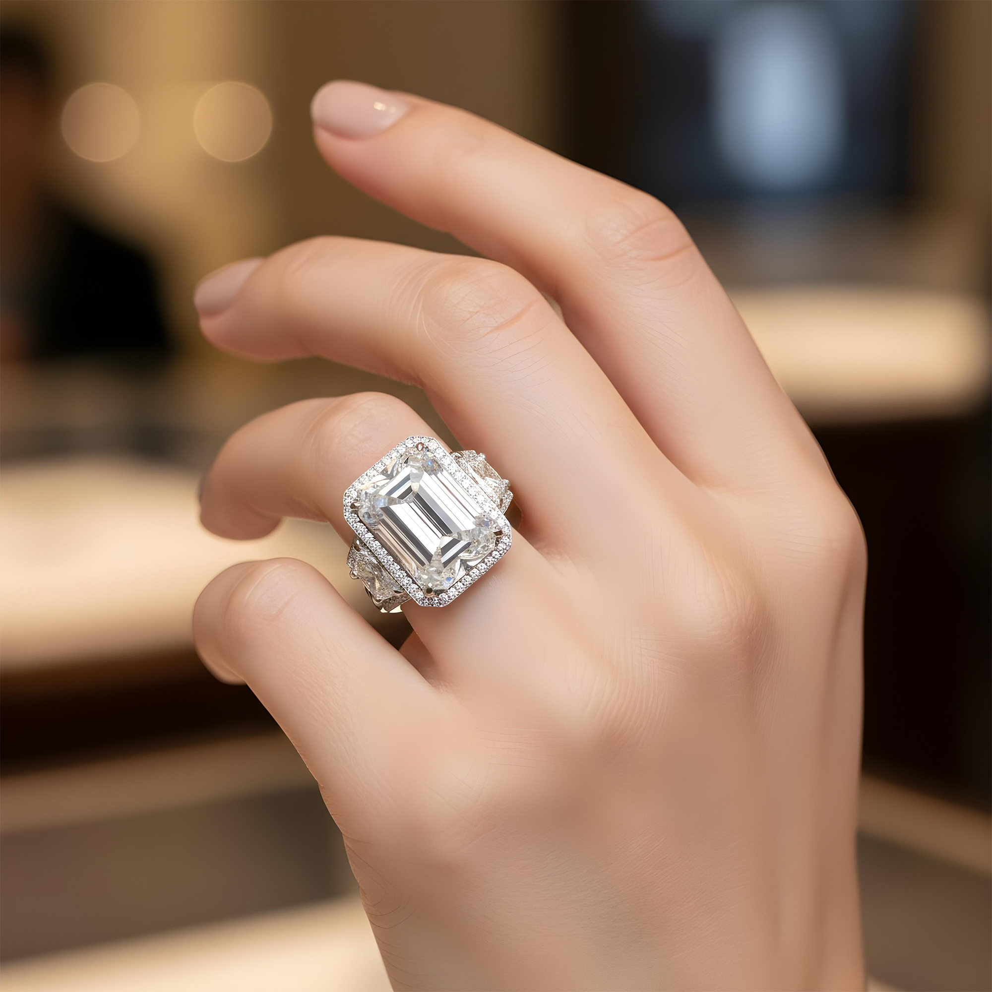 Platinum 12.32ct Emerald Cut Triple Diamond Engagement Ring 15.31ctw