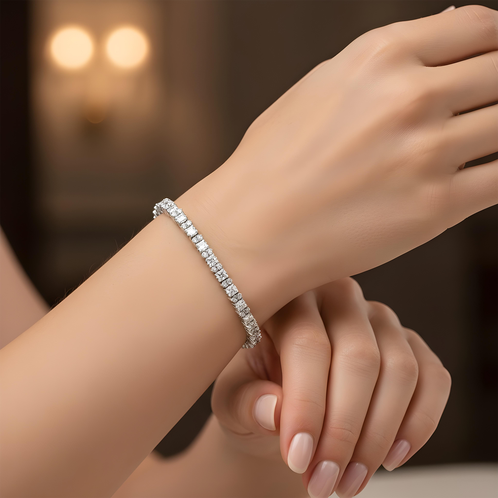 14K Yellow Gold Round & Princess Cut Diamond Tennis Bracelet 7.1ct