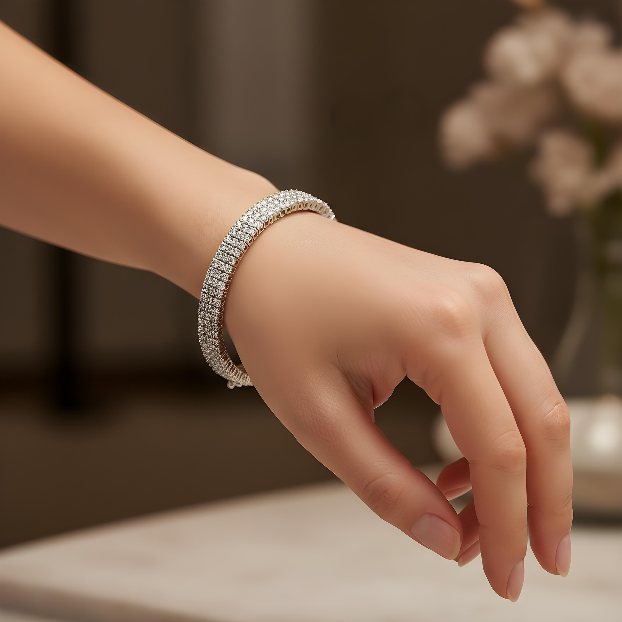 14K White Gold Triple Row Round Diamond Bracelet 20.70ct
