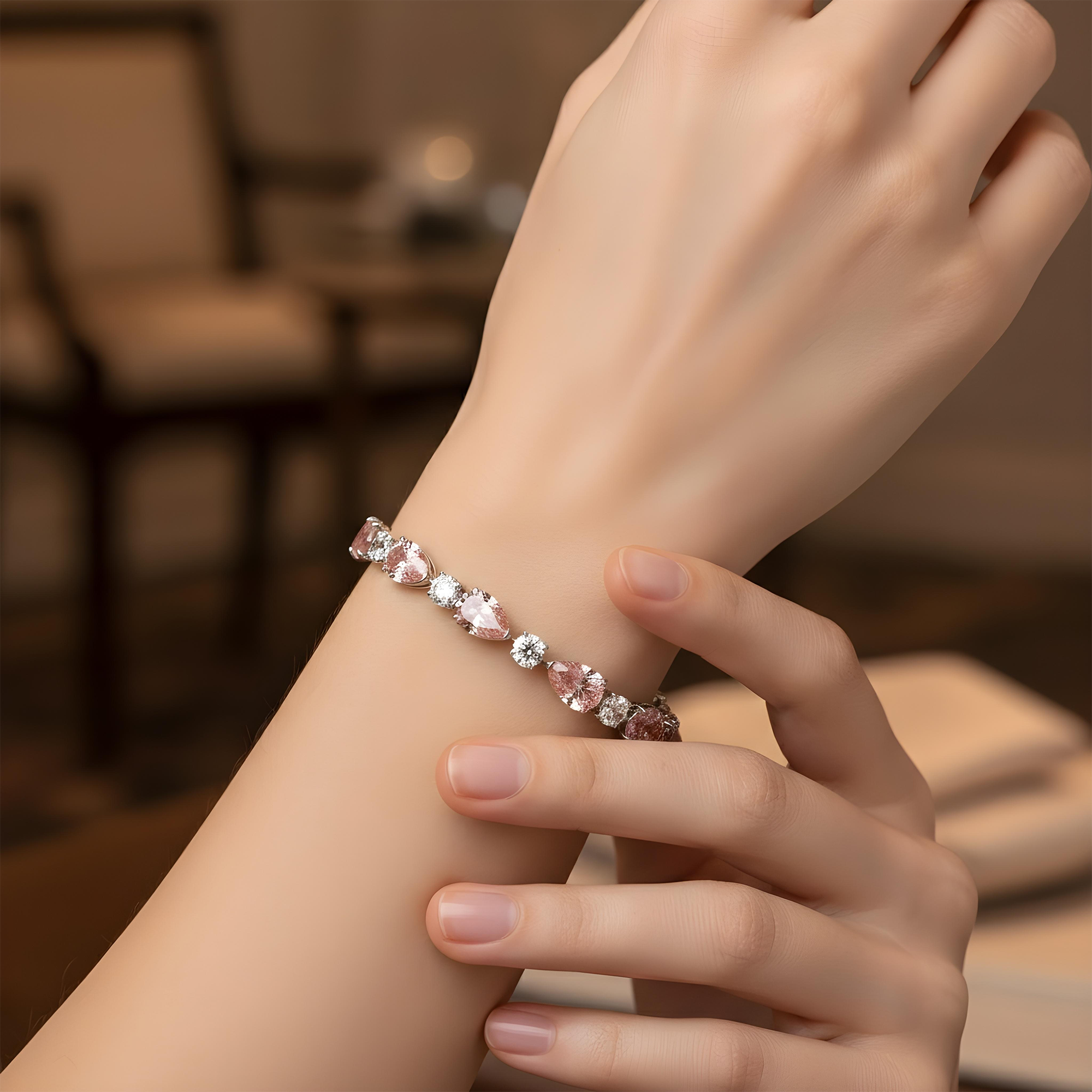 IGI Platinum & 18K Rose Gold Pear Cut Fancy Pink & Round Diamond Bracelet 26.11ct
