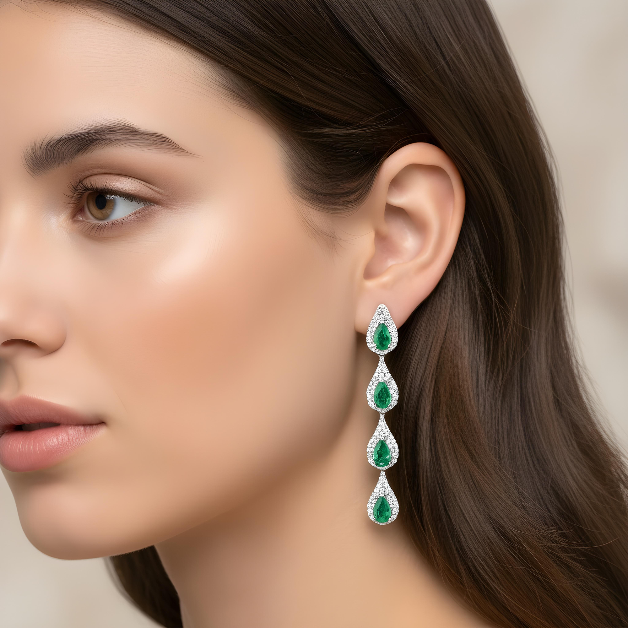 14K Yellow Gold Emerald & Round Diamond Drop Earrings 2.64ctw