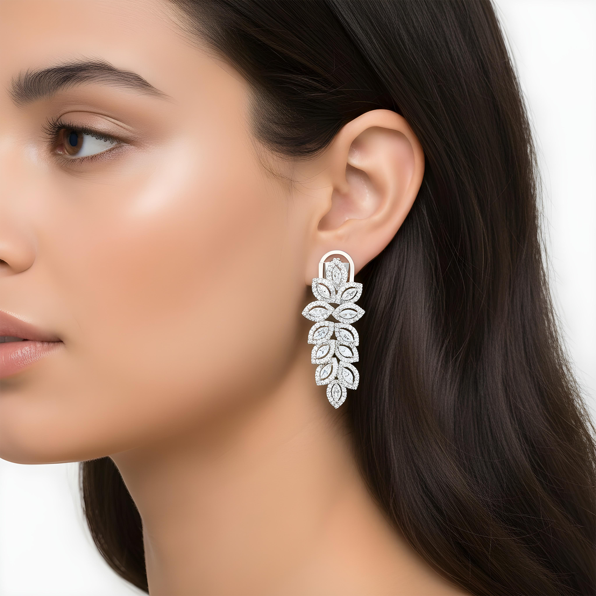 14K Yellow Gold Marquise Cut Diamond Petal Vine Drop Earrings 3.9ctw