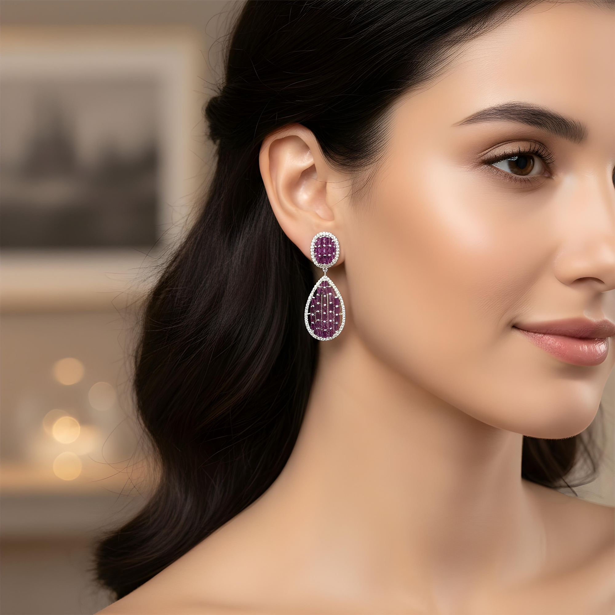 14K Yellow Gold Emerald Cut Pink Sapphire & Diamond Drop Earrings