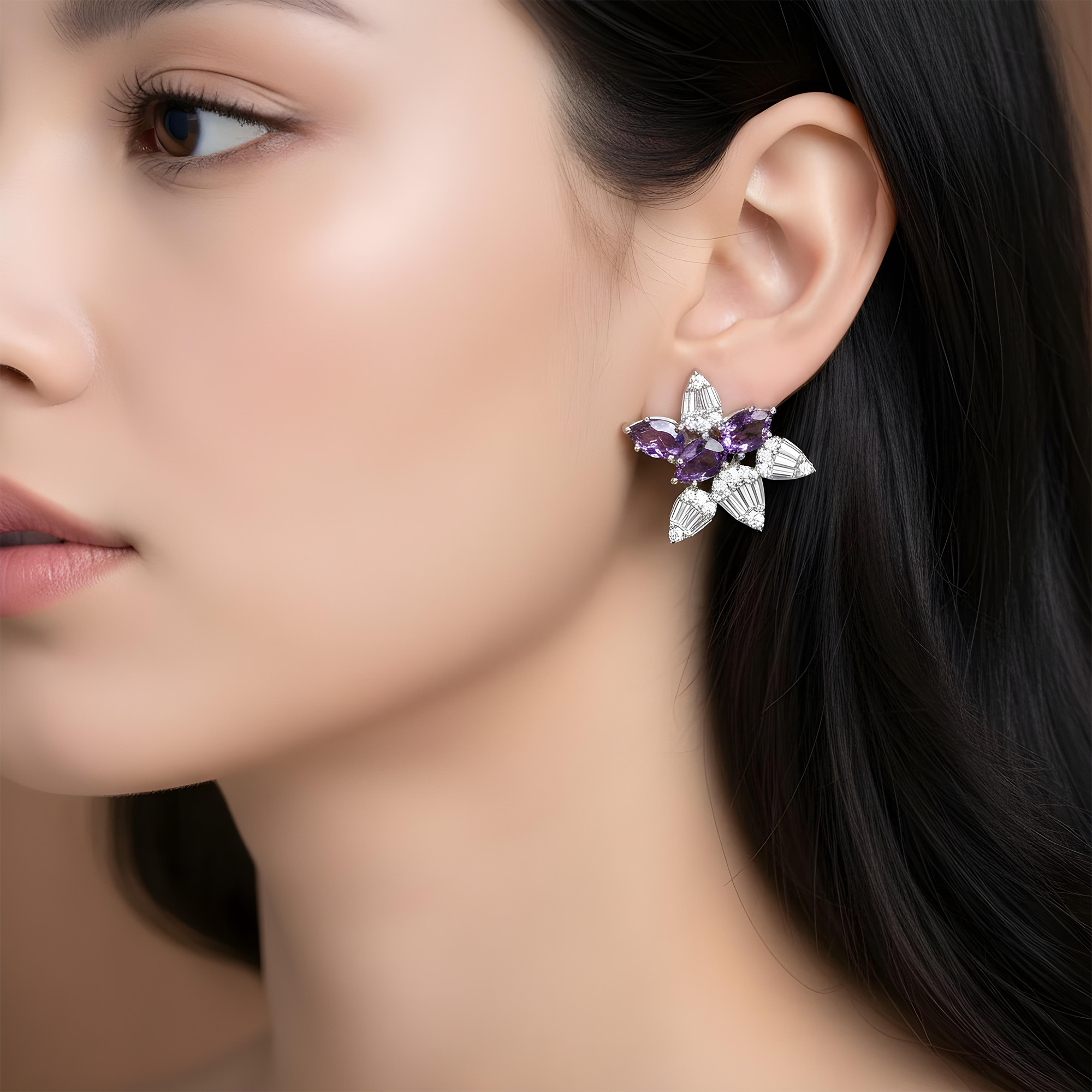 14K Yellow Gold Amethyst Gemstone & Diamond Stud Earrings