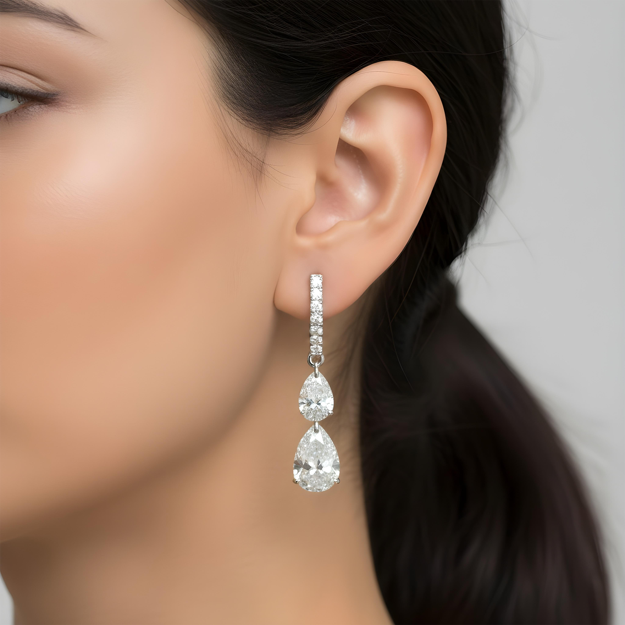 14K Yellow Gold Round & Pear Cut Diamond Huggie Drop Earrings 2.55ctw