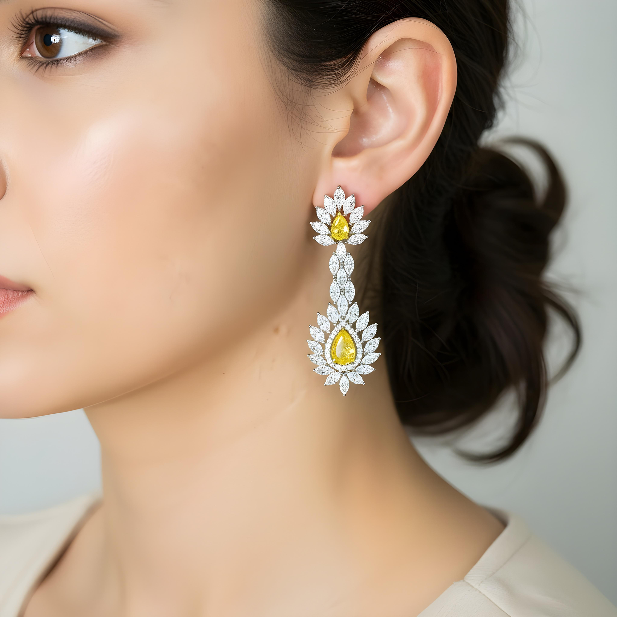 14K White Gold Multi Cut Fancy Yellow Drop Earrings 13.64ctw