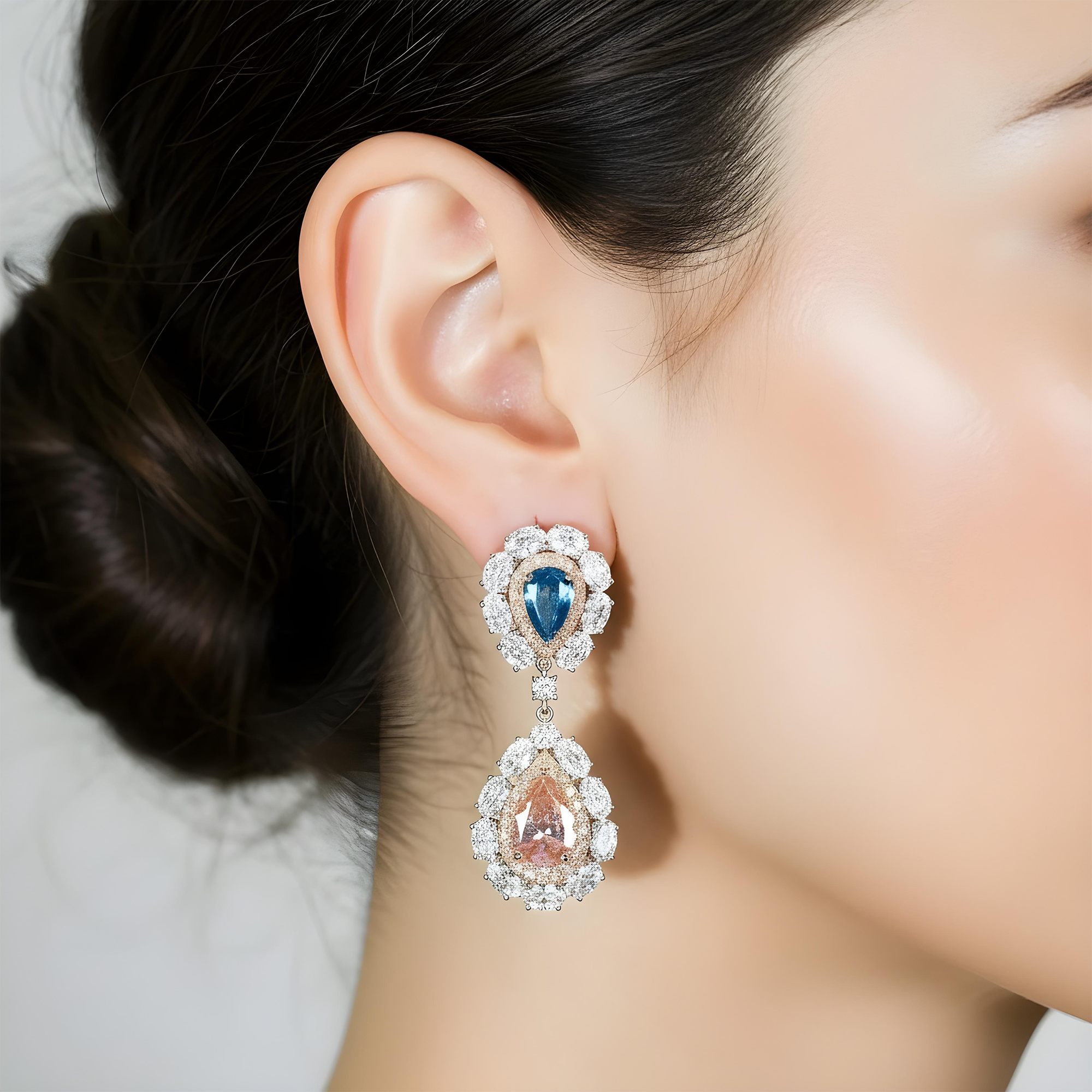 14K White Gold Multi Cut Fancy Pink & Blue Diamond Drop Earrings 14.02ctw