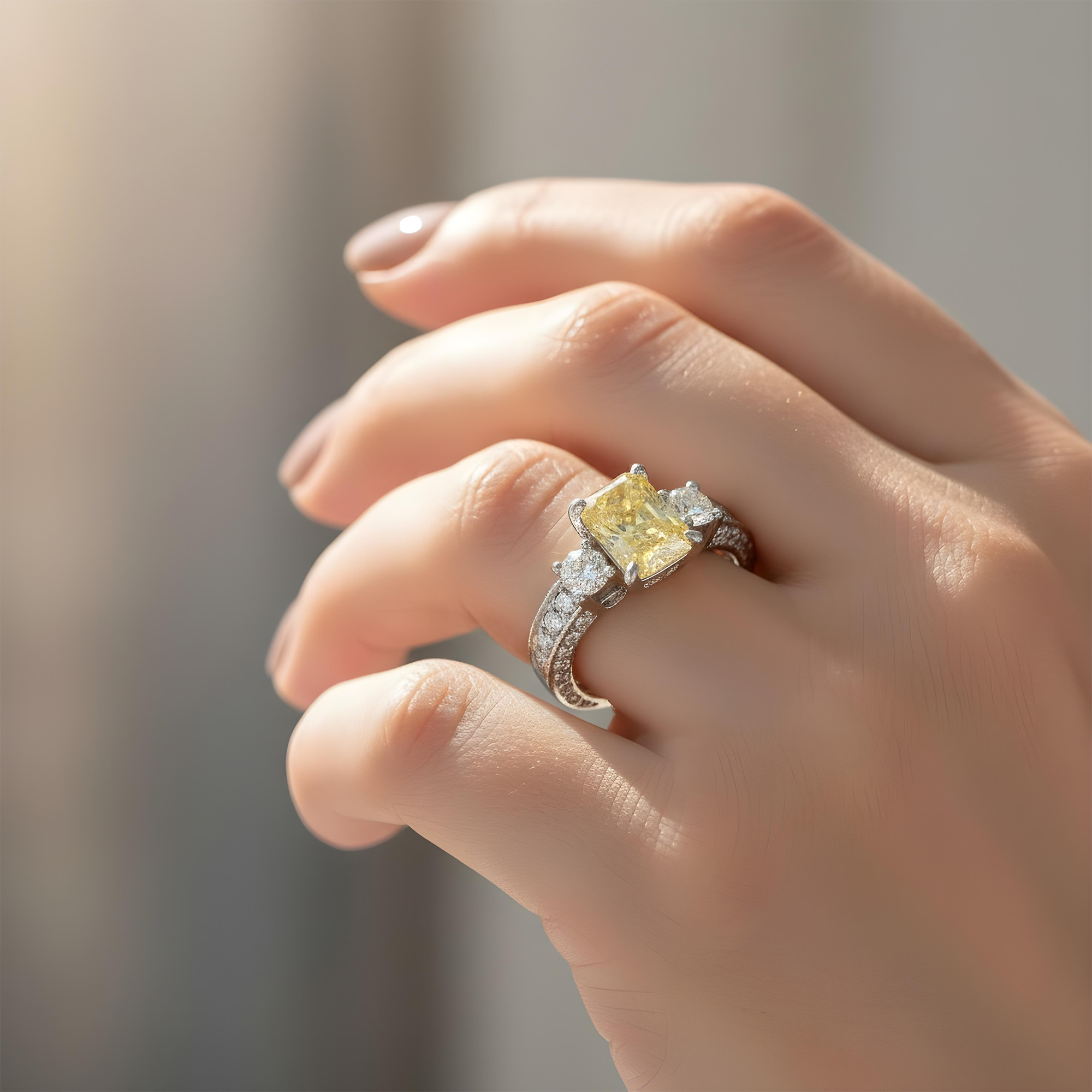 18K Yellow Gold 2ct Radiant Cut Fancy Vivid Yellow Diamond Ring 3.23ctw