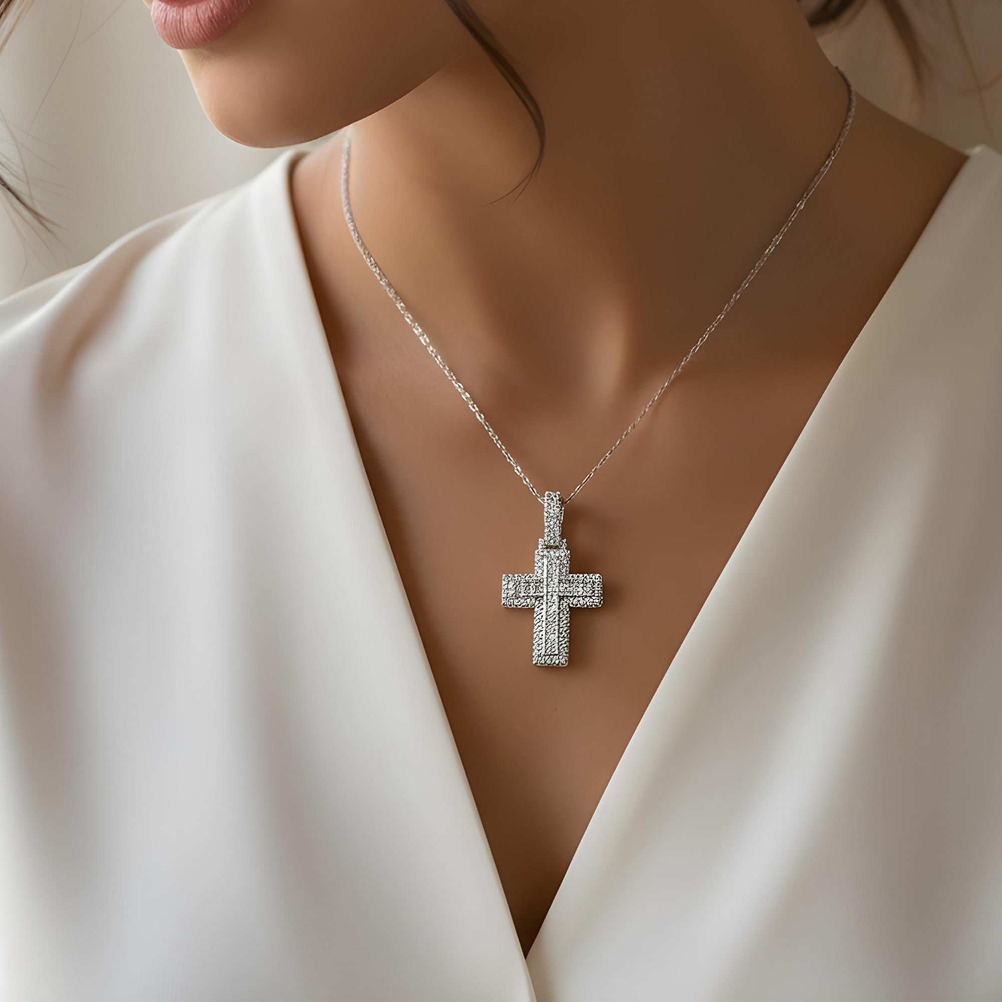14K Two Tone Round Diamond Bilevel Cross Pendant 6.90ct