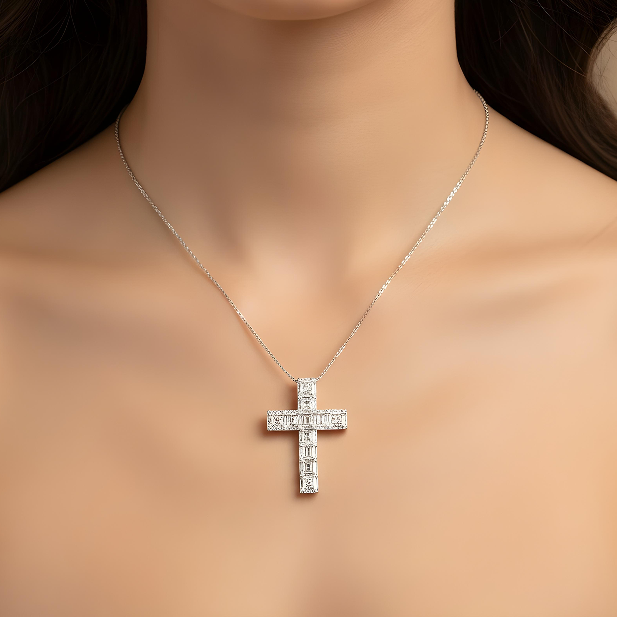 14K Rose Gold Baguette & Round Diamond Cross Pendant 2.30ct