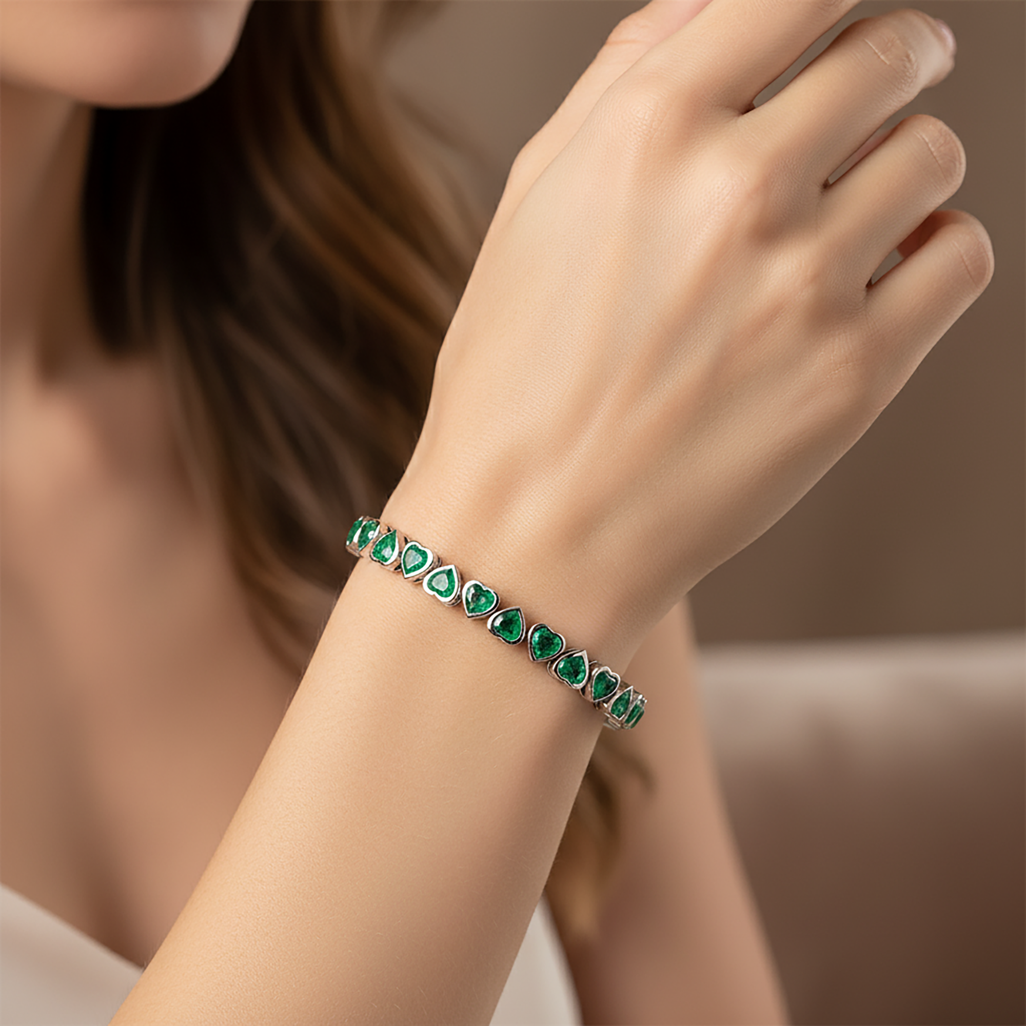 14K Yellow Gold Bezel Set Heart Emerald Bracelet 8.23ct