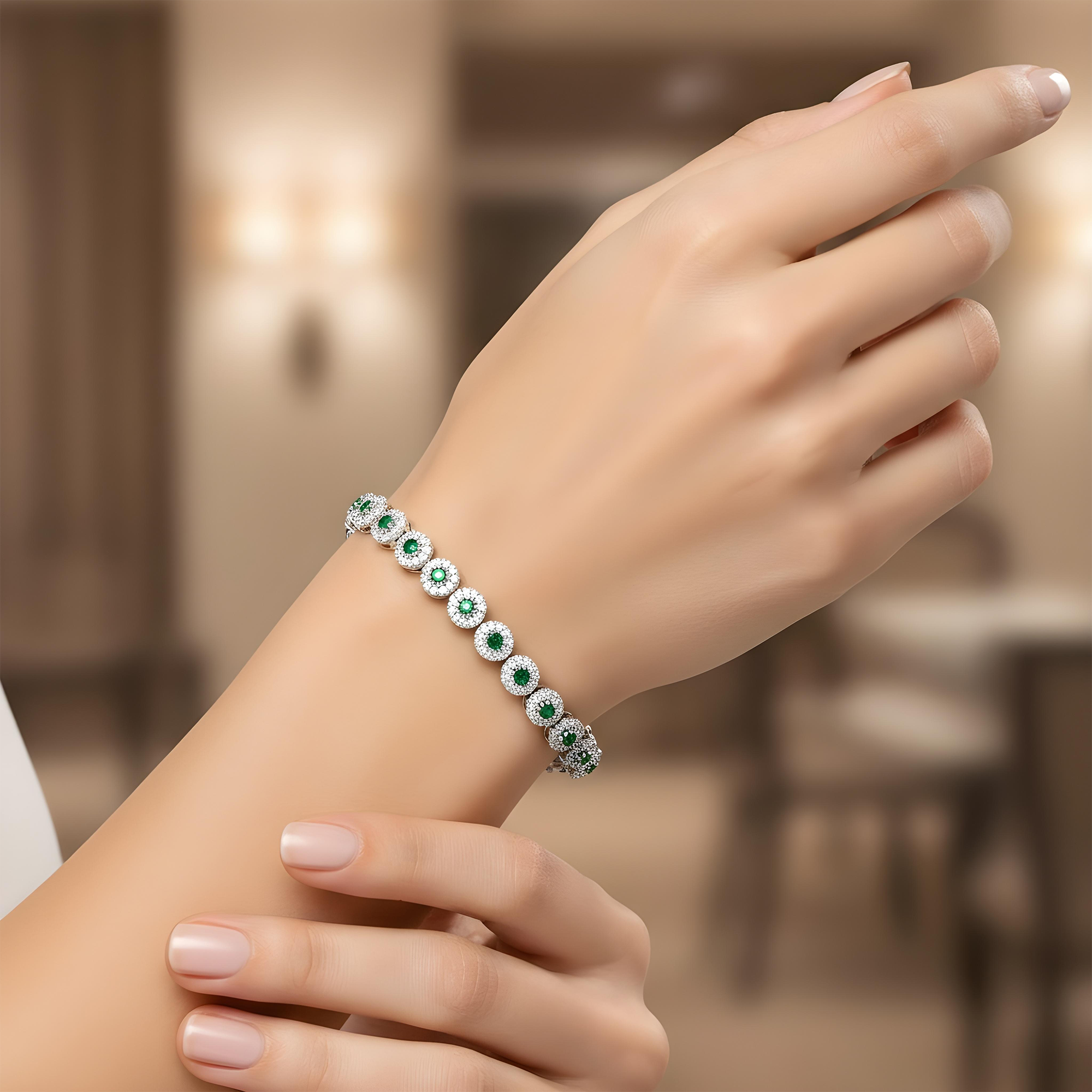 14K Yellow Gold Round Diamond & Emerald Bracelet 4.16ct