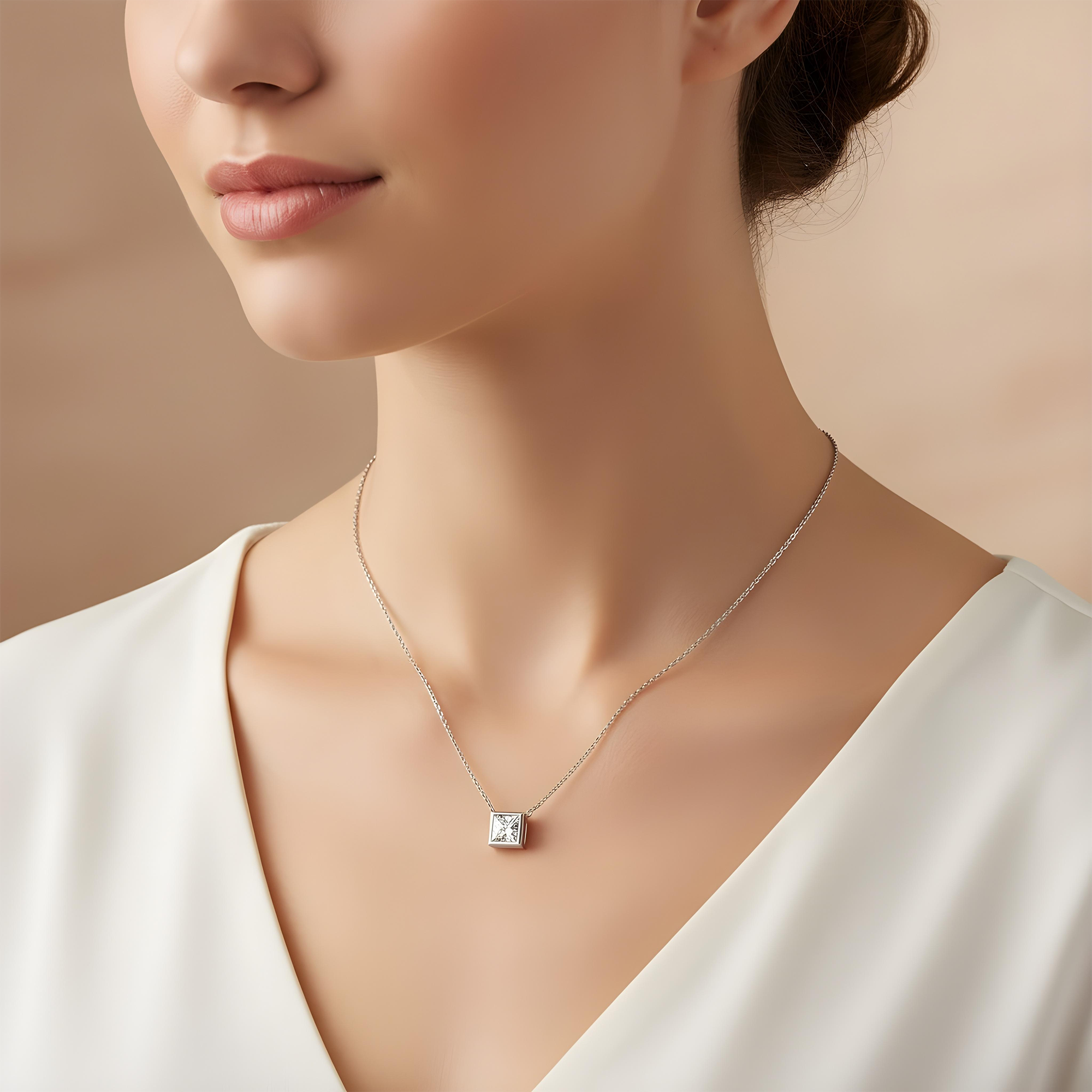 14K Yellow Gold Bezel Set Solitaire Princess Cut Diamond Necklace 1.01ct