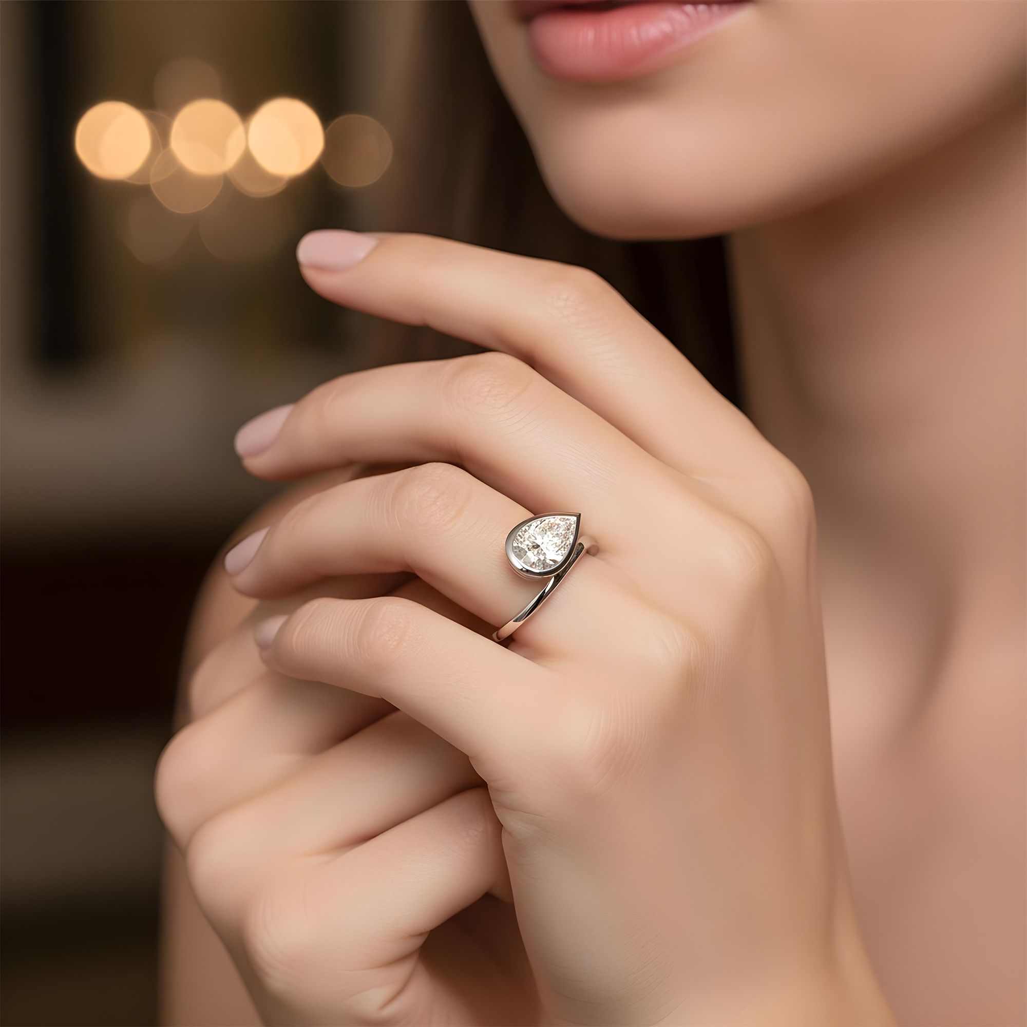 14K Yellow Gold Floating Bezel Set Pear Cut Diamond Ring 2.02ct