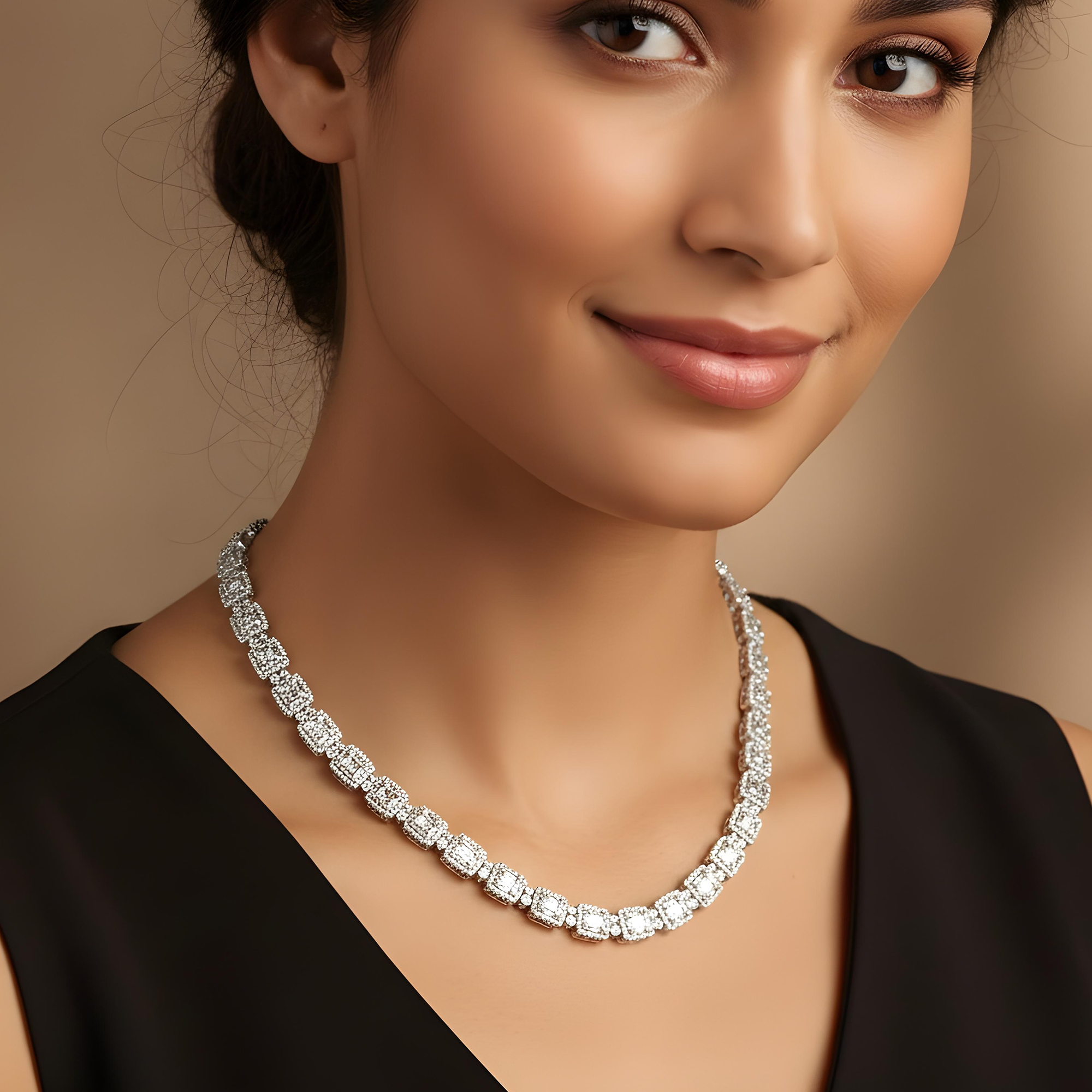 14K Two Tone Round & Baguette Cut Diamond Chain 14.62ct