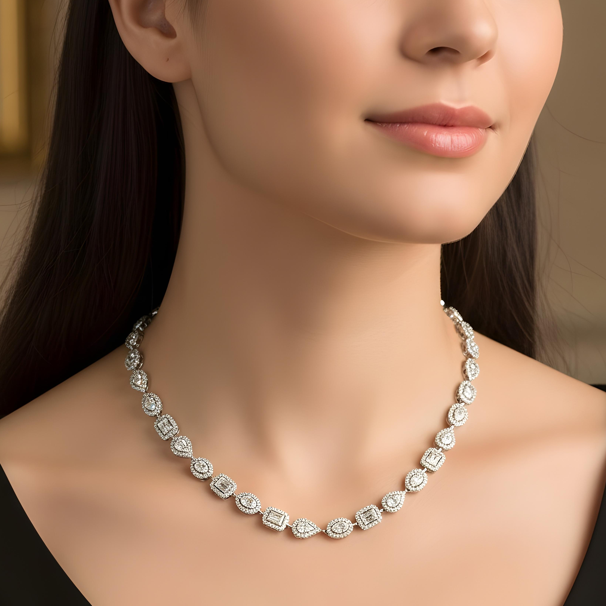 14K Yellow Gold Round & Baguette Cut Diamond Satellite Necklace 12.38ct