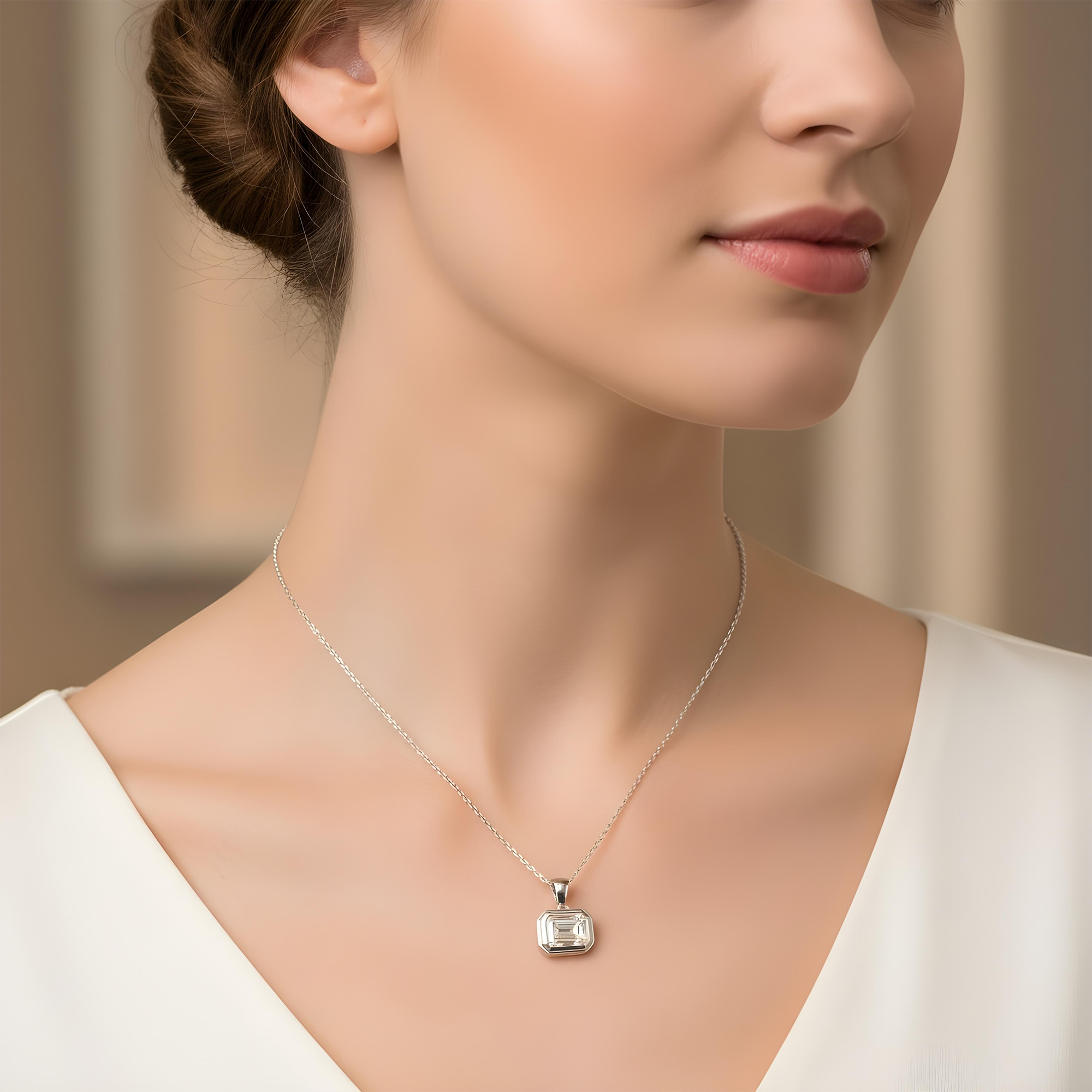 14K Yellow Gold Bezel Set Solitaire Emerald Cut Diamond Necklace 2.09ct