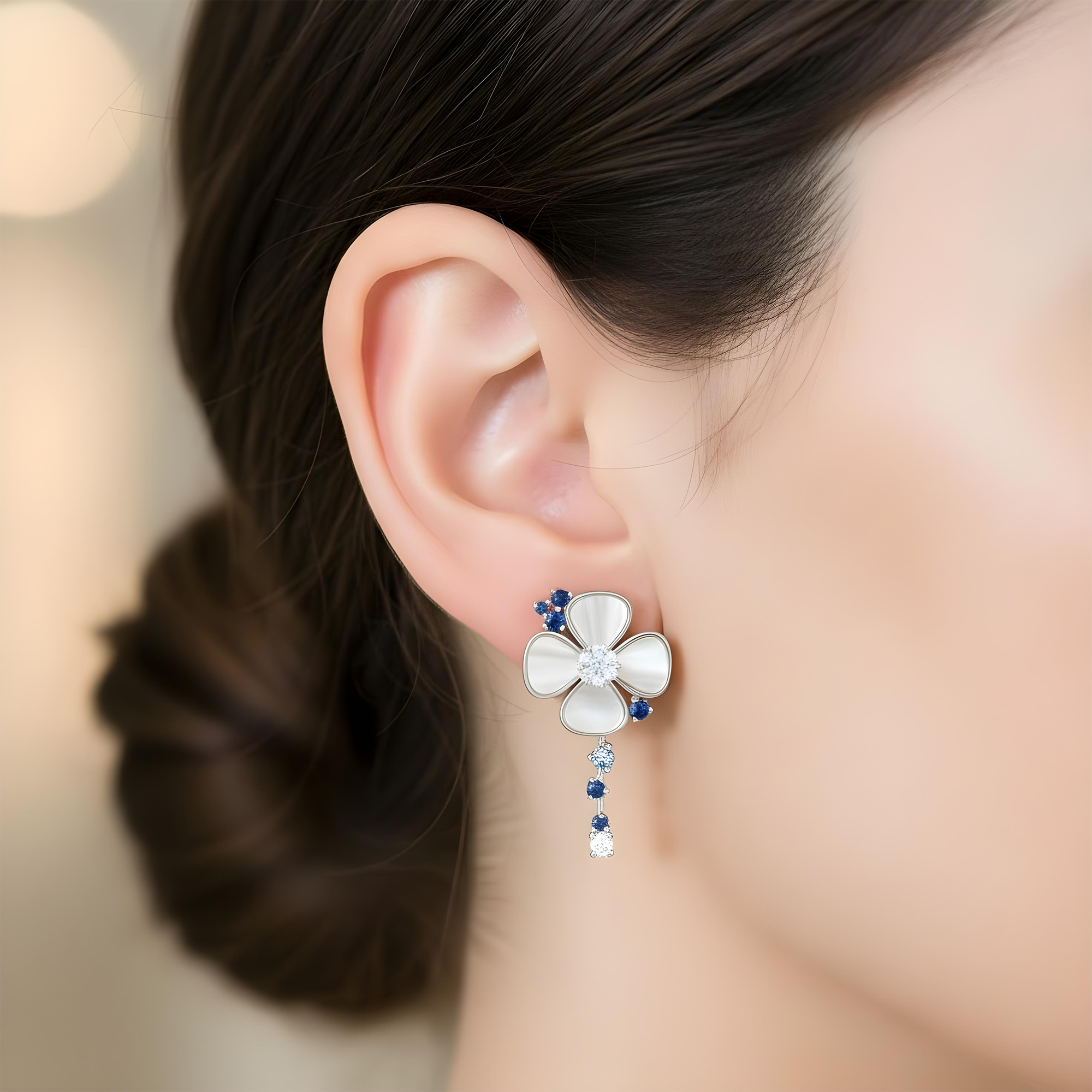 18K Yellow Gold Mother of Pearl/Blue Sapphire & Diamond Flower Drop Earrings 0.52ctw