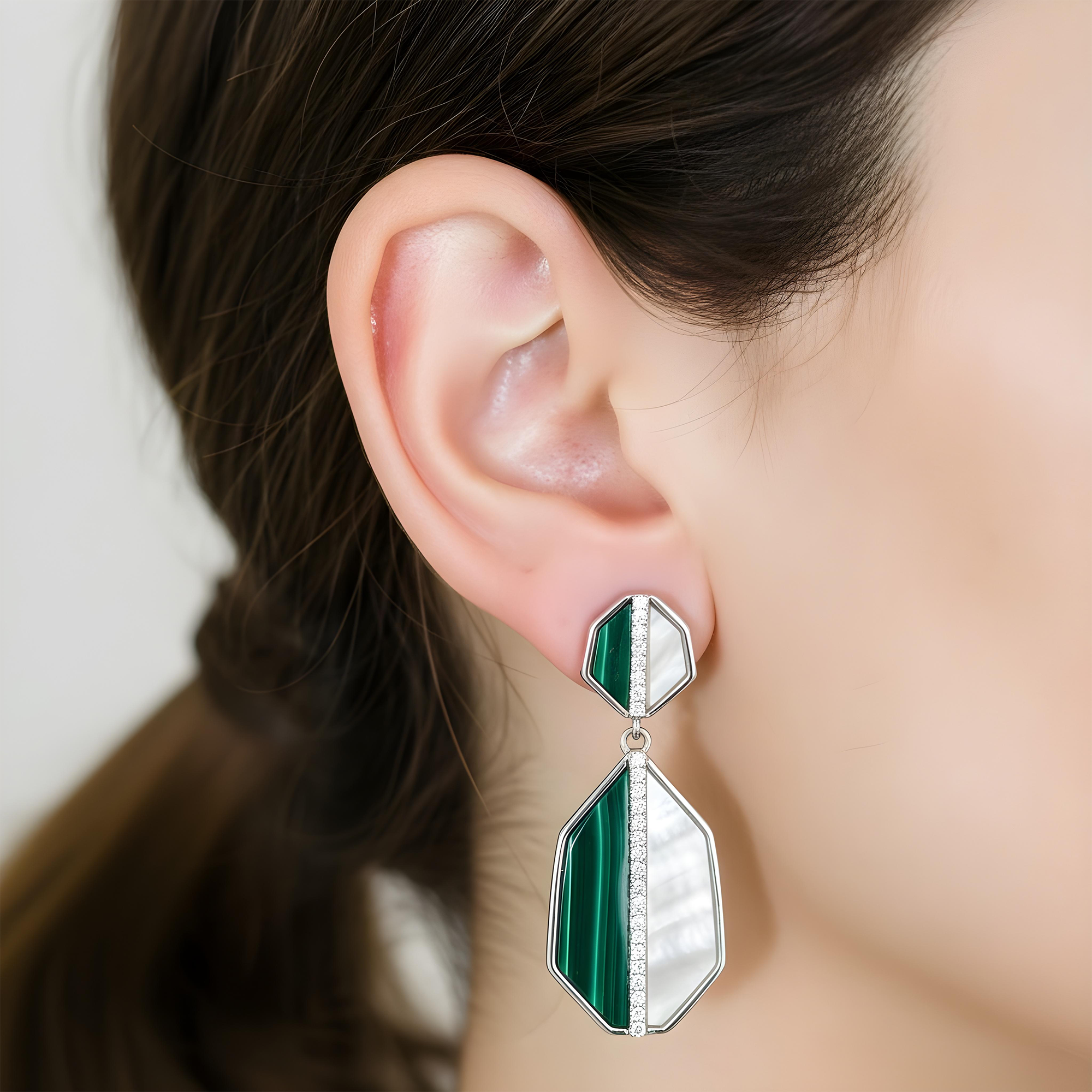 14K Yellow Gold Mother of Pearl/Malachite & Diamond Drop Earrings 0.25ctw