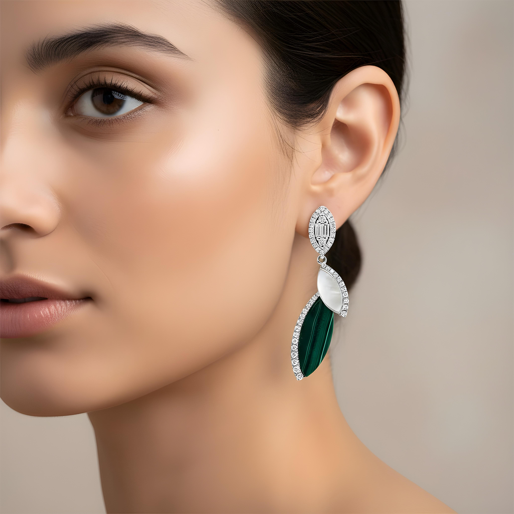 18K Yellow Gold Mother of Pearl/Malachite & Diamond Drop Earrings 0.45ctw